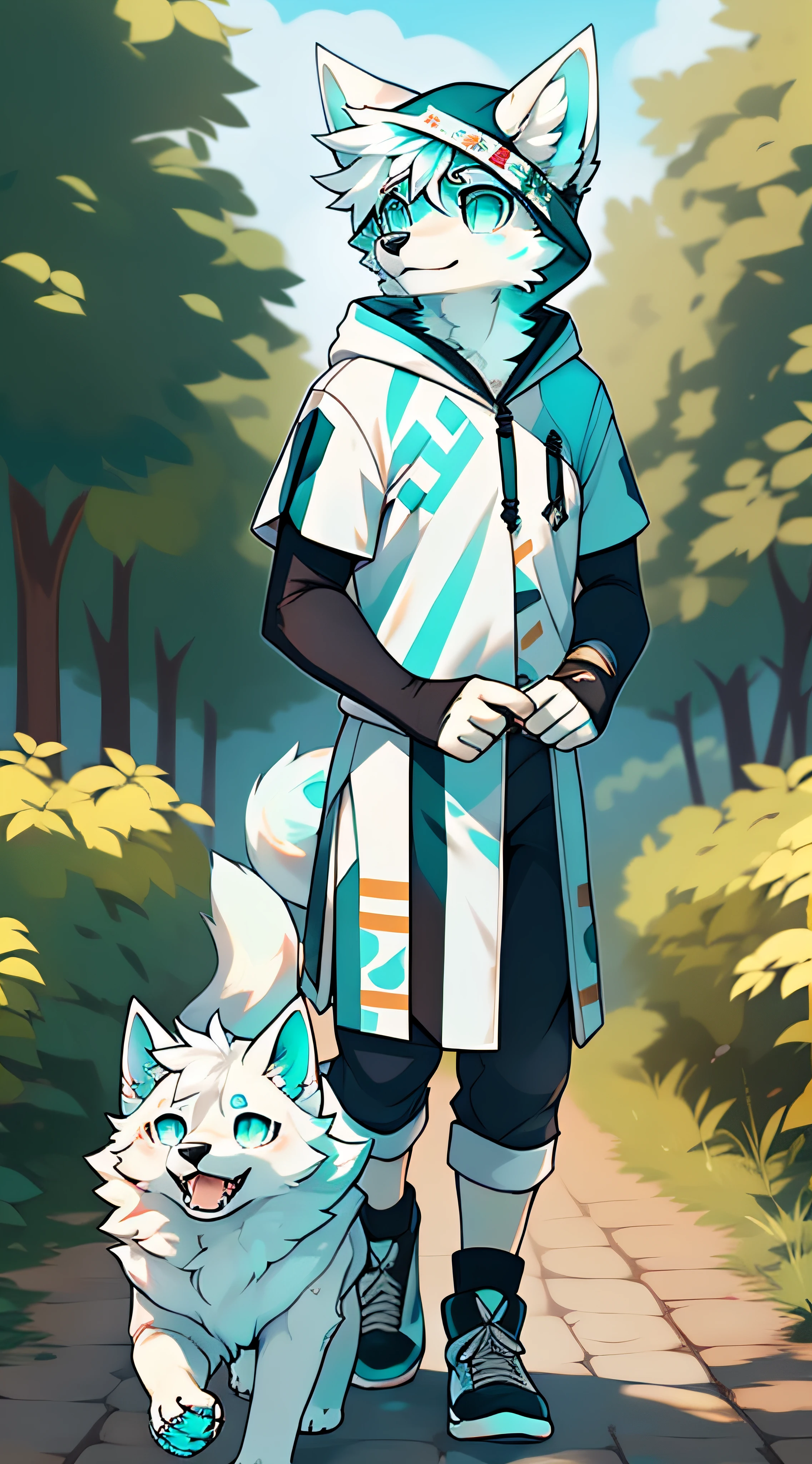 Samoyedskaya, human, furry, canine, (furry), (clear cyan eyes), white hair, white dog tail, (((black sleeves))), {white short sleeves with hood, no hat}, white cropped pants, outdoor,