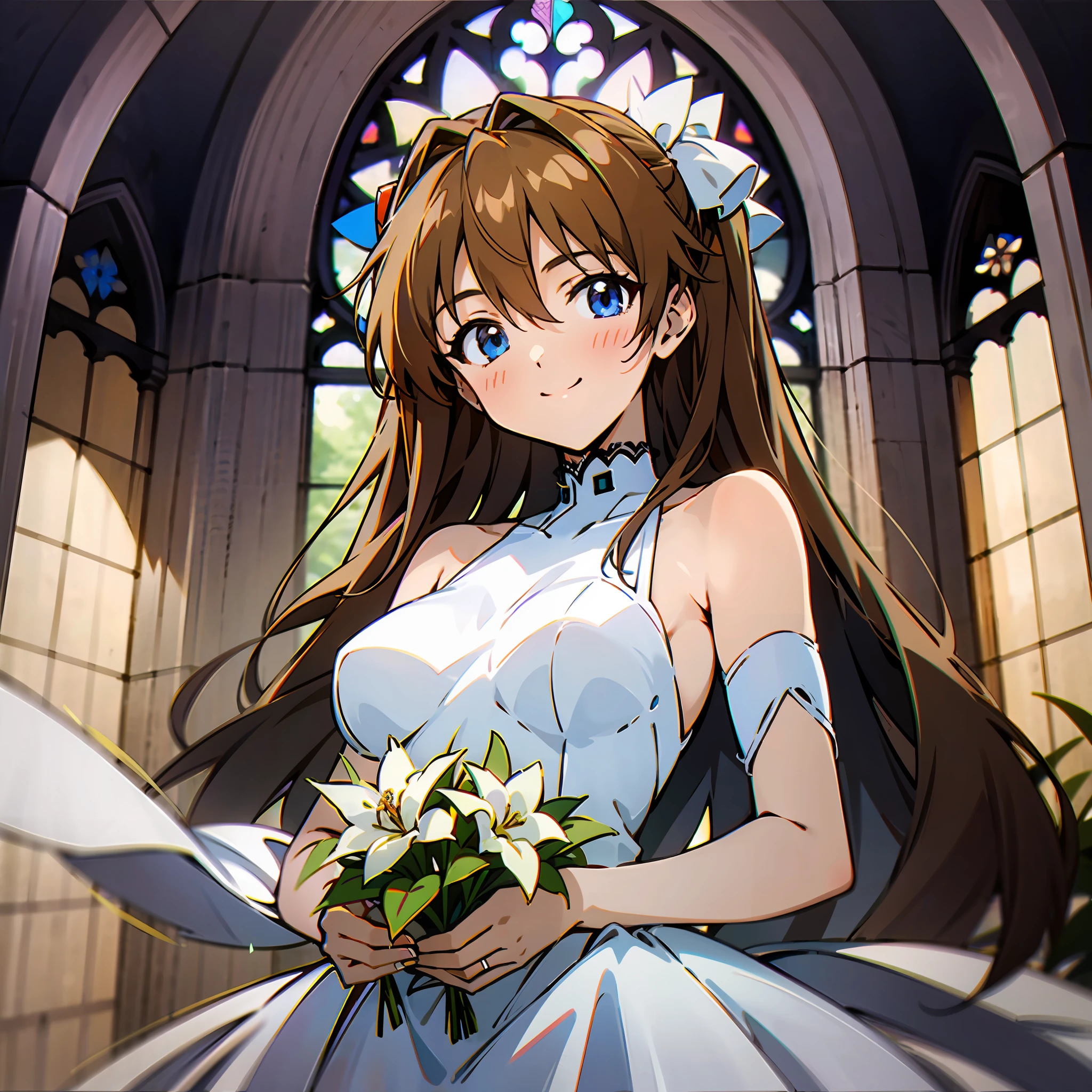 asuka，Hyper-Resolution，fresh flowers，Holding flowers，A Gothic Church:0.8，rays of sunshine，lots of brightness，Warm color 1.2，The camera is located below the character，Wedding dress 0.6，facing at camera，blue color eyes，Small eyes，ssmile，1个Giant Breast Girl，In front of the window，Wearing a plain white wedding dress，lace decorations，face to the viewer，Long brown hair，人物，standing on your feet，inside in room，light and shadow effect，