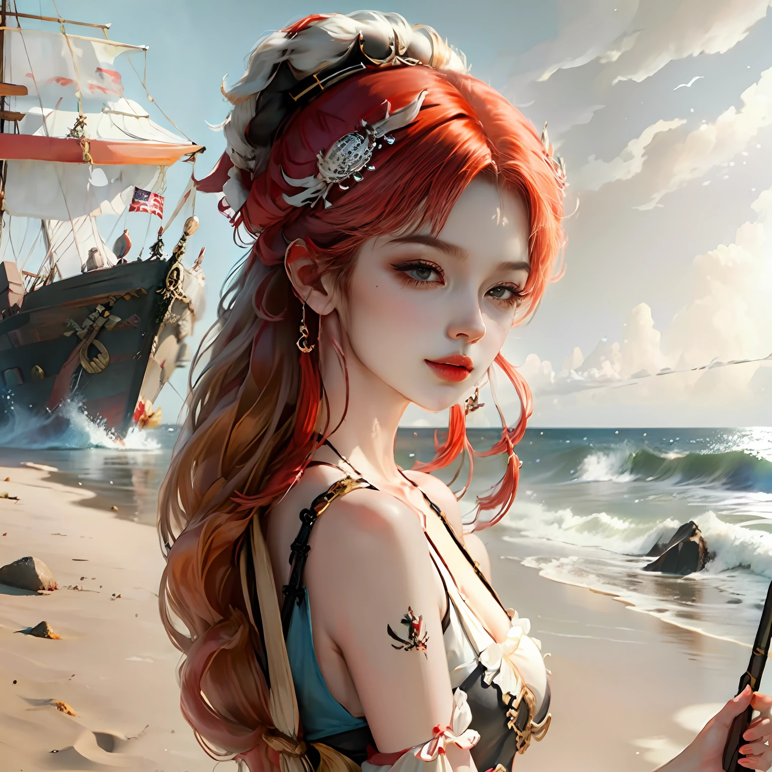 夏天,beachside,pirate ships,a beauty wearing silky stocking
