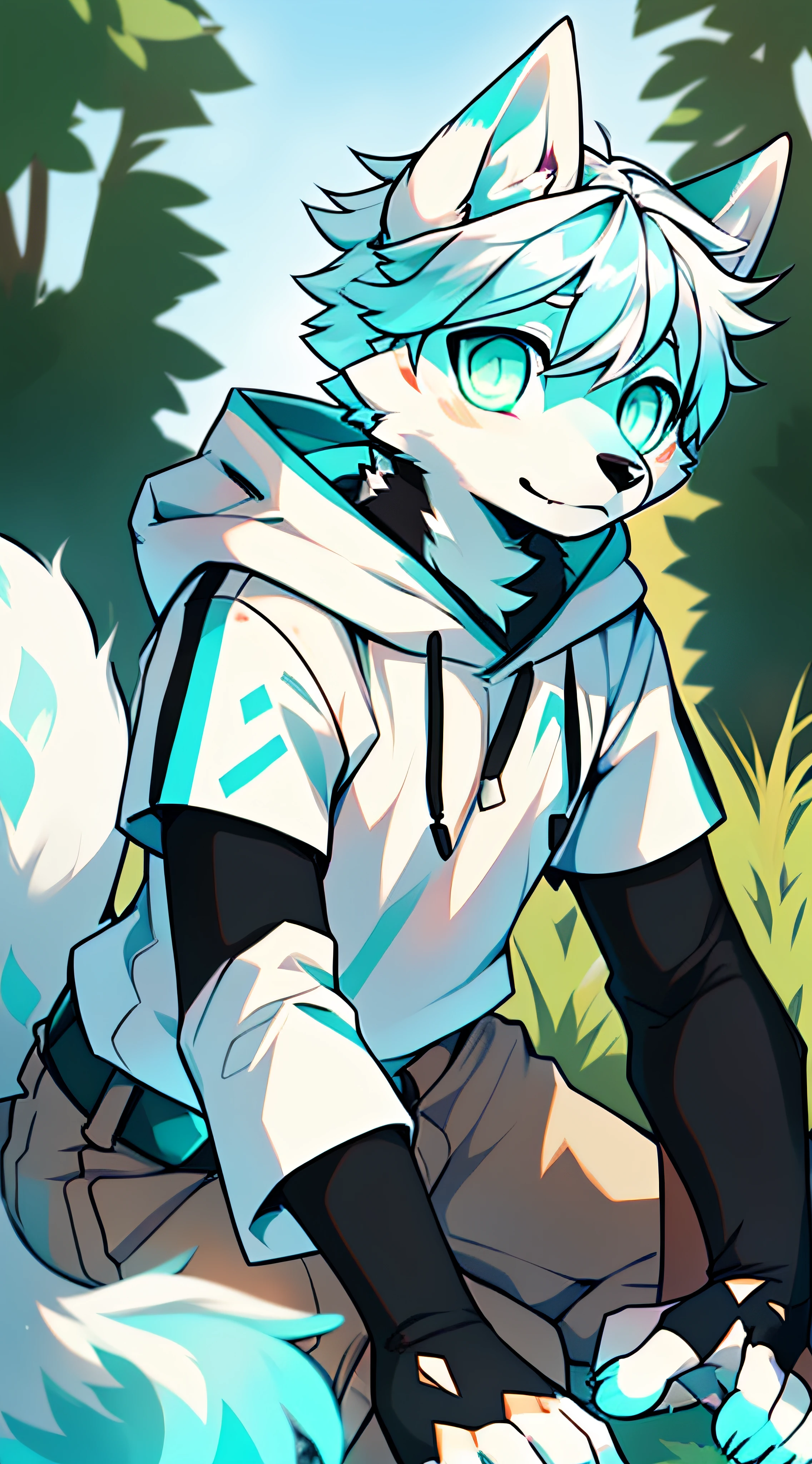 Samoyedskaya, human, furry, canine, (furry), (clear cyan eyes), white hair, white dog tail, (((black sleeves))), {white short sleeves with hood, no hat}, white cropped pants, outdoor,