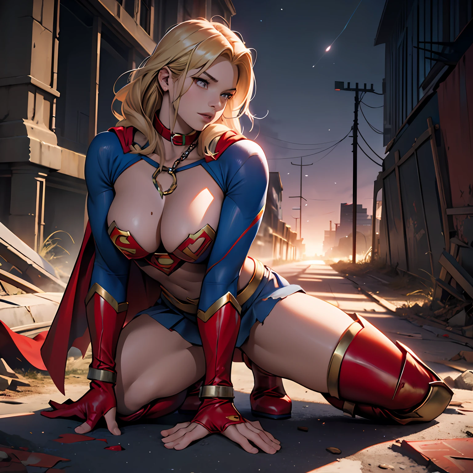 Supergirl,heroic look,ruin background,Broken Superman costume,A red collar connected by chains,high-heels,huge tit,Collapsed on the ground,coiffed blonde hair,Long red boots,bared chest,Broken clothes were scattered on the ground ,Slim legs,deep in the night,rays of moonlight --auto