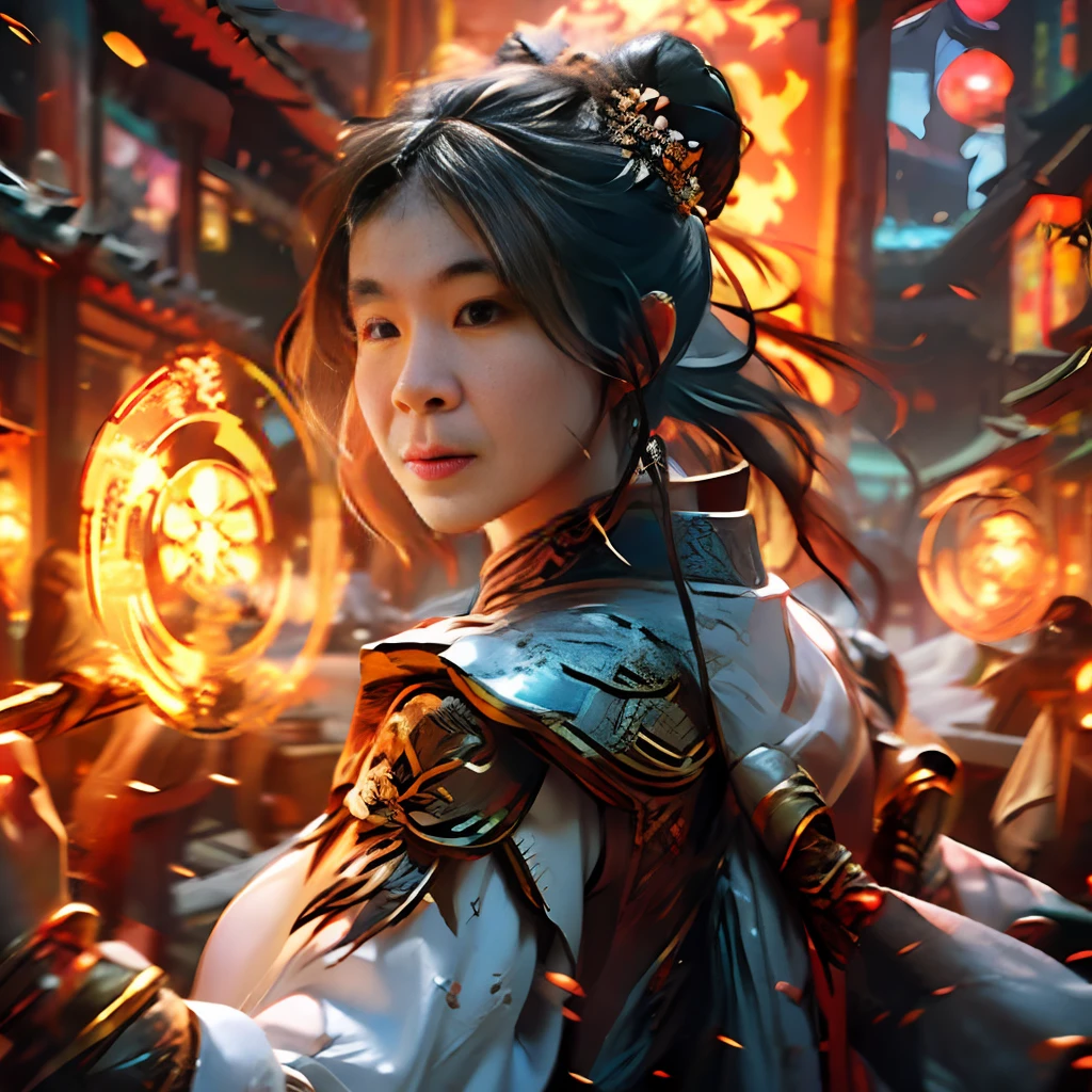 Best Quality, Masterpiece, Ultra High Resolution, (Realistic: 1.4), Xiuxian, Weapon, Detailed Face, .1 Girl, Solo, Weapon, (Magic Circle: 1.2), Xiuxian, Upper Body, Beautiful Girl, East Asian Architecture, Sheath, Architecture,.