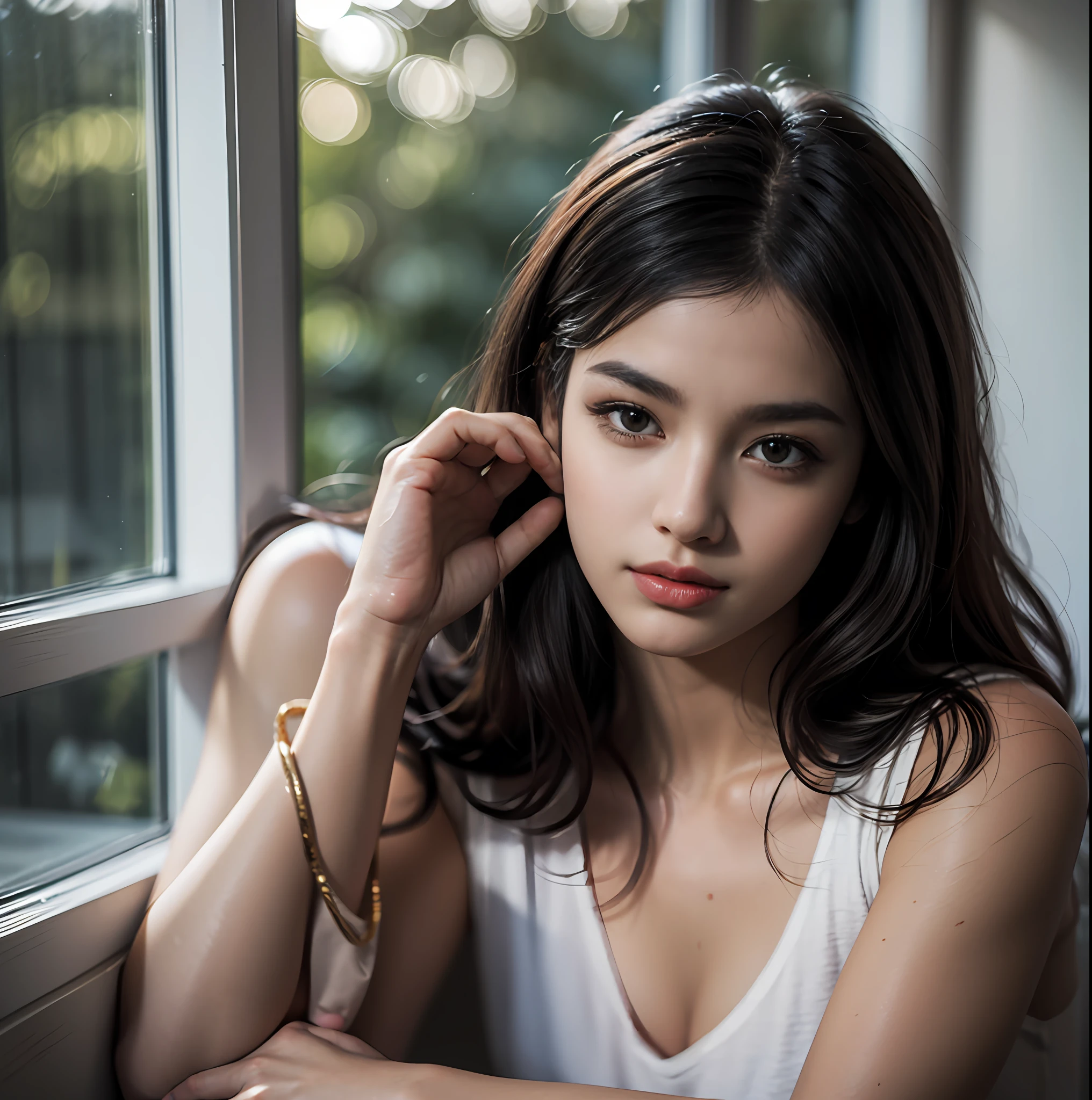 ((masterpiece)), (ultra detailed), ((realistic)), (better Quality), A girl sits by the window, sunlight falling on one side of her face and shadow on the other side, with a telephoto lens, brick, kaleidoscopic pattern, light particles, classroom, bokeh, dreamy glow, golden hour. 8k smooth, clear facial features, realistic, photography, photoreal, (high definition :1.0),(Realism:1.4), Waist Shot(WS), (Realistic skin:1.4),