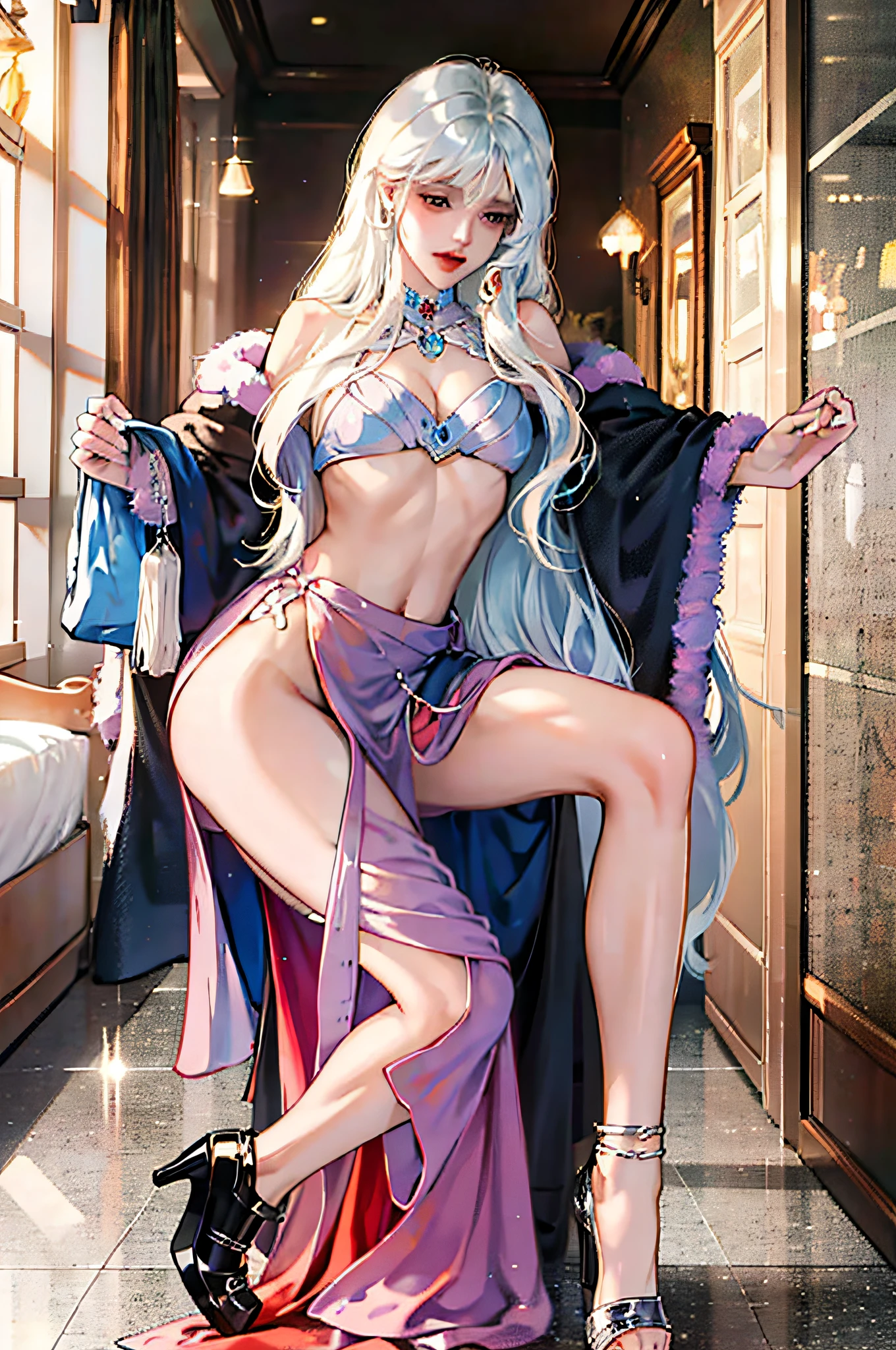 Naked seductive woman with big breasts,2girls,Dissection is correct,,One girl stands on top of another,Girl in silver high heels stepping on another girl's back,Step on the chest,Girl who is put under her feet to play,hips bare,Luxury jewelry,Delicate leg rings,A shiny scene
