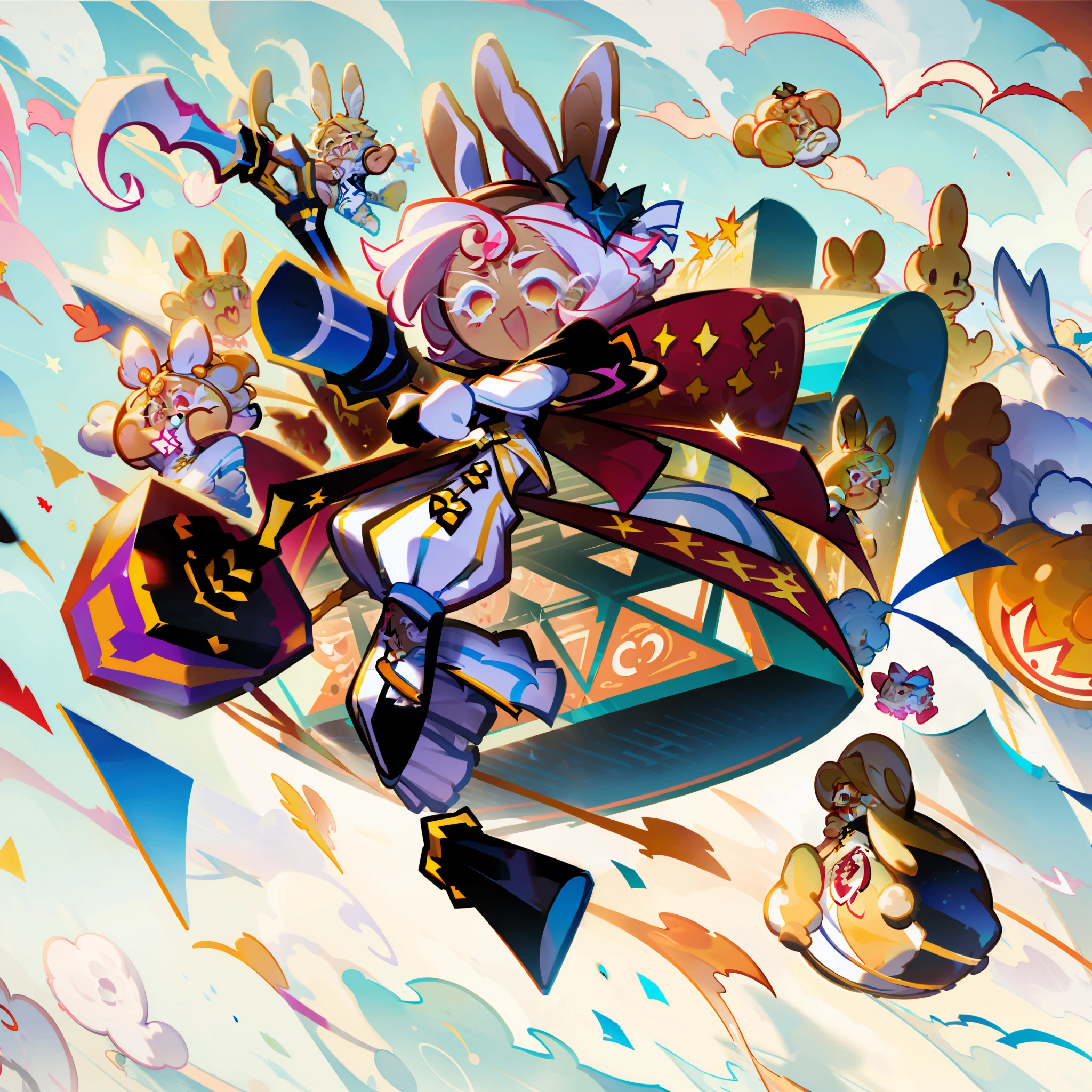 best quality, illustration, 1  boy, based on White Rabbit candy,Rabbit ears, white Cheongsam ,White pumpkin pants with red and Blue accents, messy, Medium length Cream colored Hair,pose((jumping  excitedly holding a Hammer)), white background,, simple background, cookierun, solo, chibi, full body