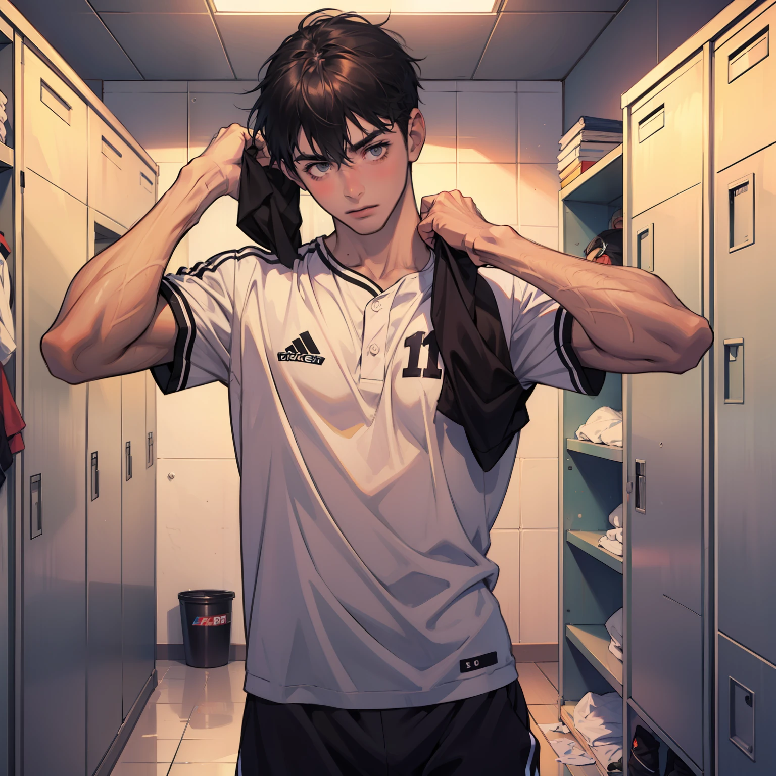 A boy changing clothes in locker room , sport , baseball