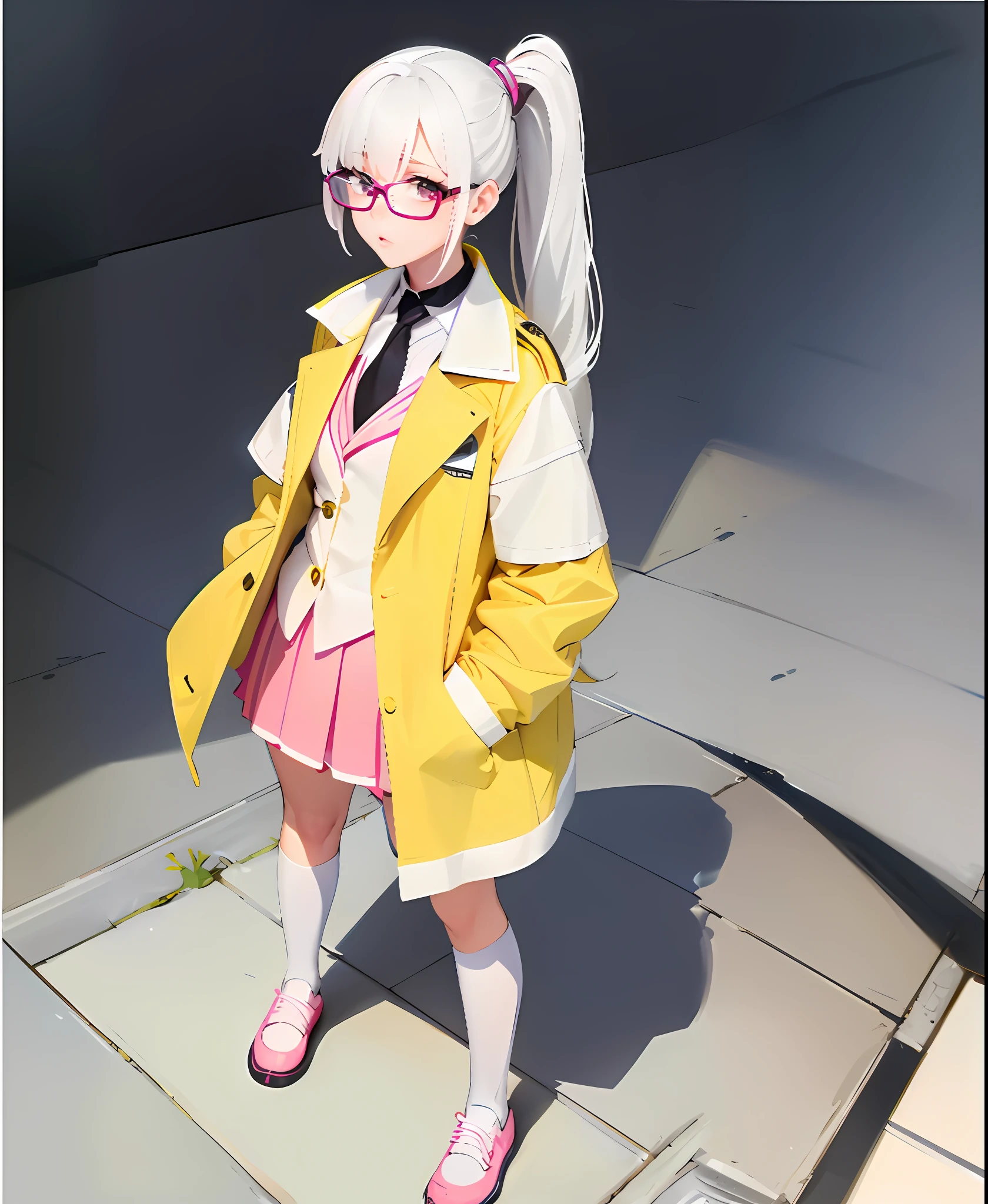 Anime - Style girl posing for photo in yellow coat and pink skirt, Surrealism female students, Surrealism female students, Guviz-style artwork, made with anime painter studio, she is wearing a wet coat, drawn in anime painter studio, Bright, uniform background, photorealistic anime girl rendering, trending on cgstation, Realistic schoolgirl