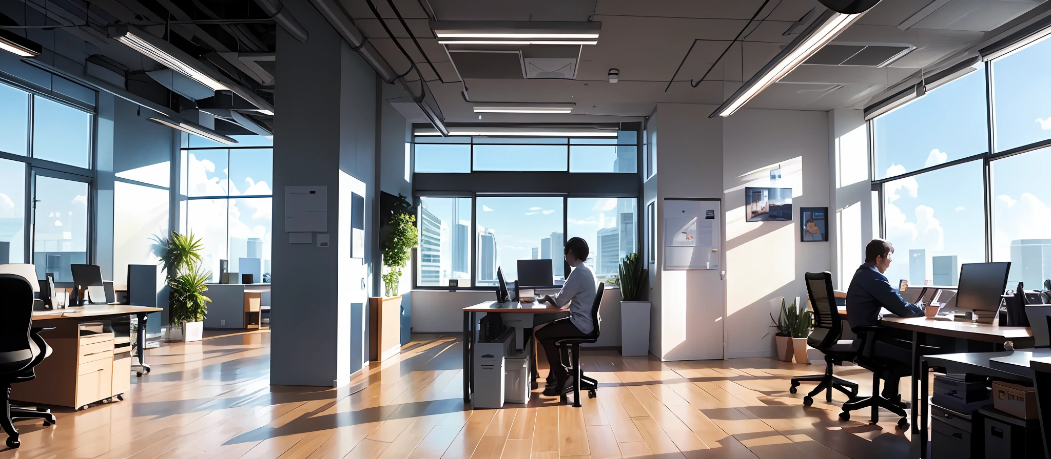 A lot of people are in the office,A lot of people are working,Computer, Sky outside the window,In the daytime,and the sun was shining brightly,In the office, artstation hq, working in an office, At the office, office backdrop, in a open-space working space, in front of a computer, in a office,