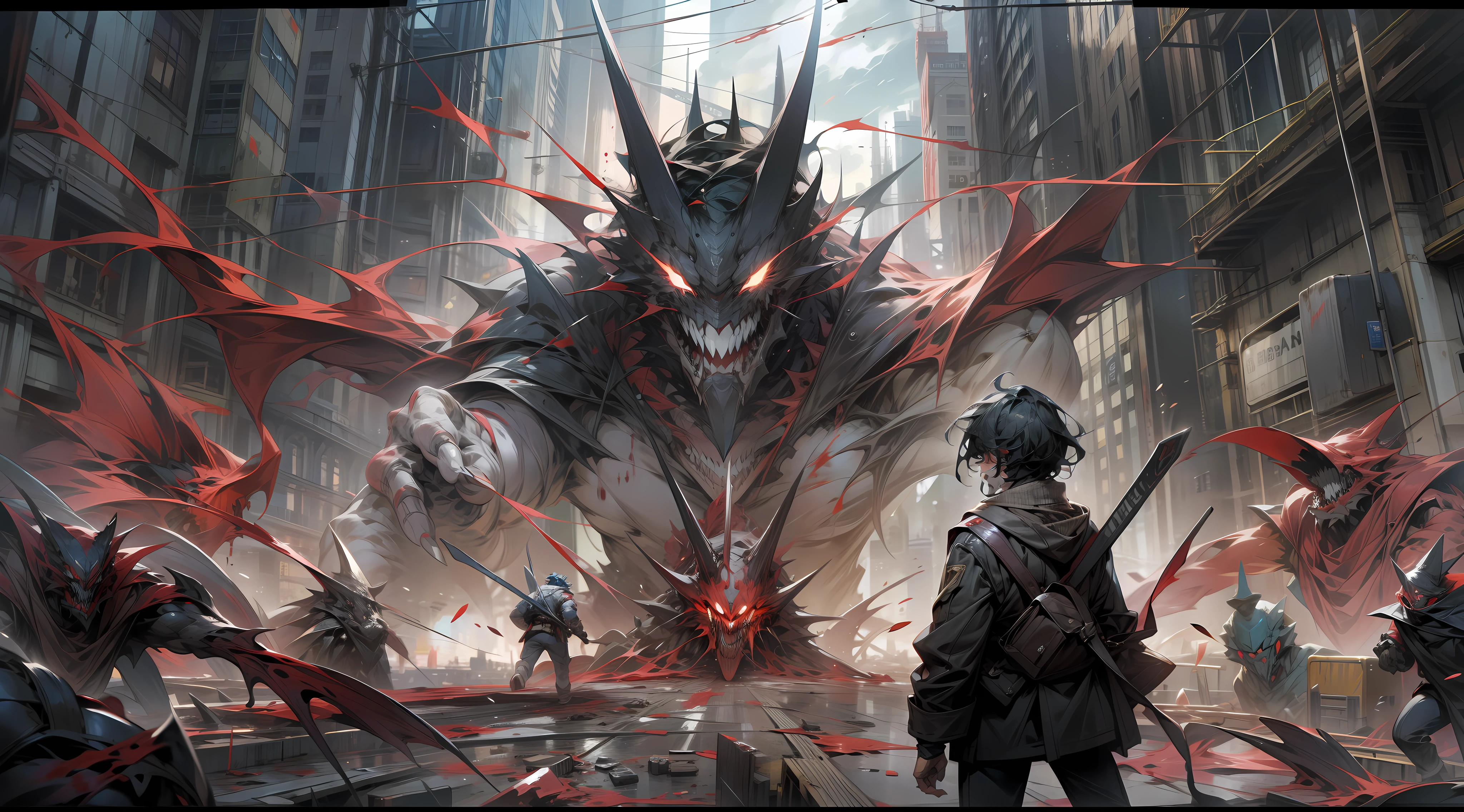 The male protagonist faces some monsters，The monster has a blood bar on its head，The background city is in chaos