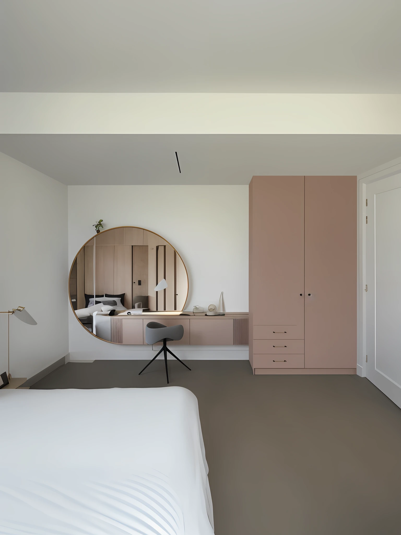 there is a bedroom with a bed, a desk and a mirror, a round minimalist behind, flat 2 d, inside of a bedroom, muted colors with minimalism, photographic render, interior of a small room, round mirror on the wall, bedroom interior, beige color scheme, sterile minimalistic room, apartment design, filled with natural light, rendered in corona, hyper realistic,