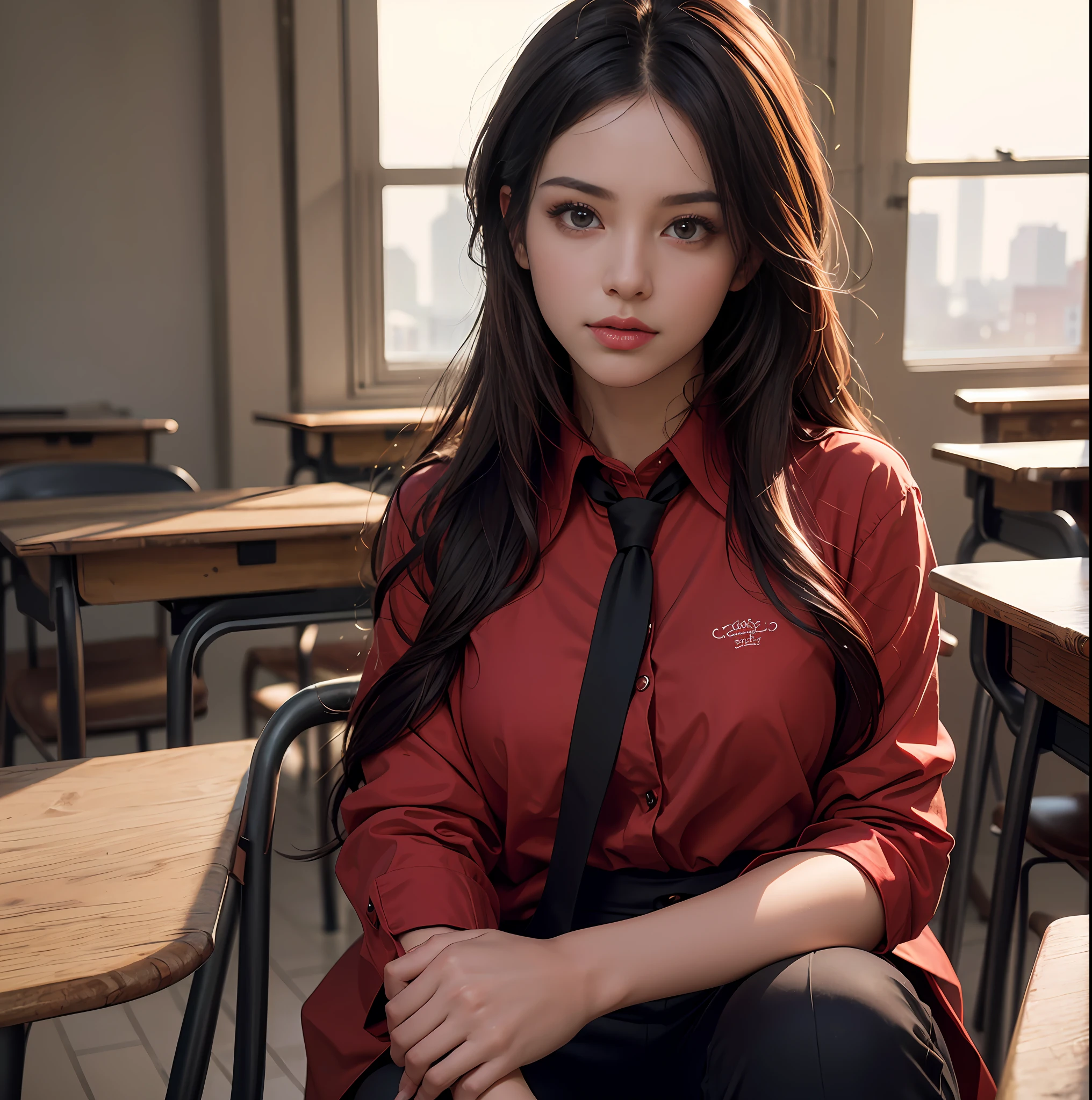 ((masterpiece)), (ultra detailed), ((realistic)), (better Quality), ((1Girl)), A girl sits by the window, sunlight in face, Beutiful women, glamour Face, wearing a red Shirt with black tie and black pant, with a telephoto lens, brick, light particles, classroom, bokeh, dreamy glow, golden hour. 8k smooth, clear facial features, realistic, photography, photoreal, (high definition :1.0),(Realism:1.4), Waist Shot(WS), (Realistic skin:1.4), (Exquisite and clear portrait:1.4), (high resolution:1.4), (Fashion portrait photography:1.4), (photos realistic:1.4), (Super realistic:1.4),