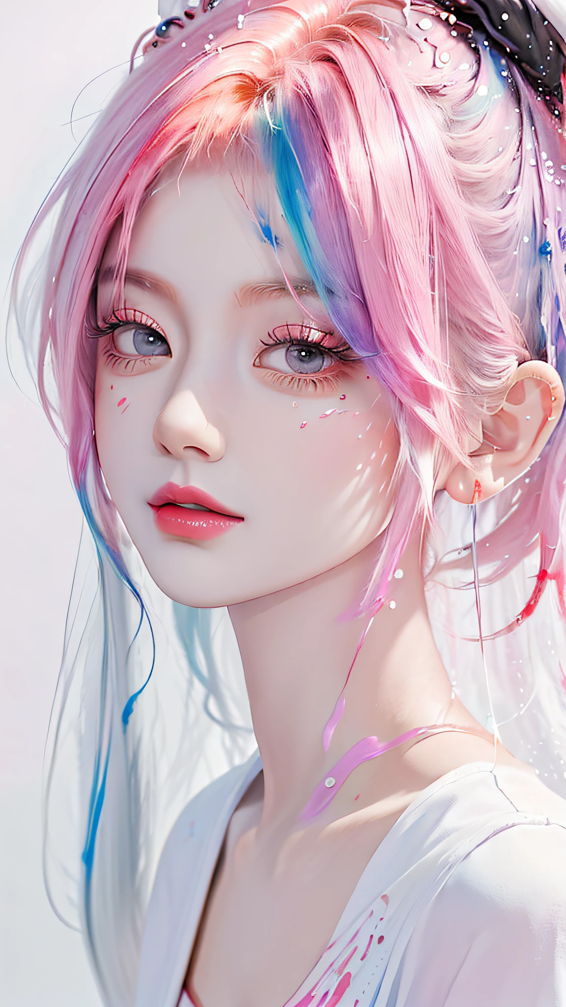 (Masterpiece, Best Quality, High Resolution), White Background, ((Paint Splash, Color Splash, Splash of Ink, Color Splash)), Sweet Chinese Girl, Rainbow Hair, Pink Lips, Front, Upper Body