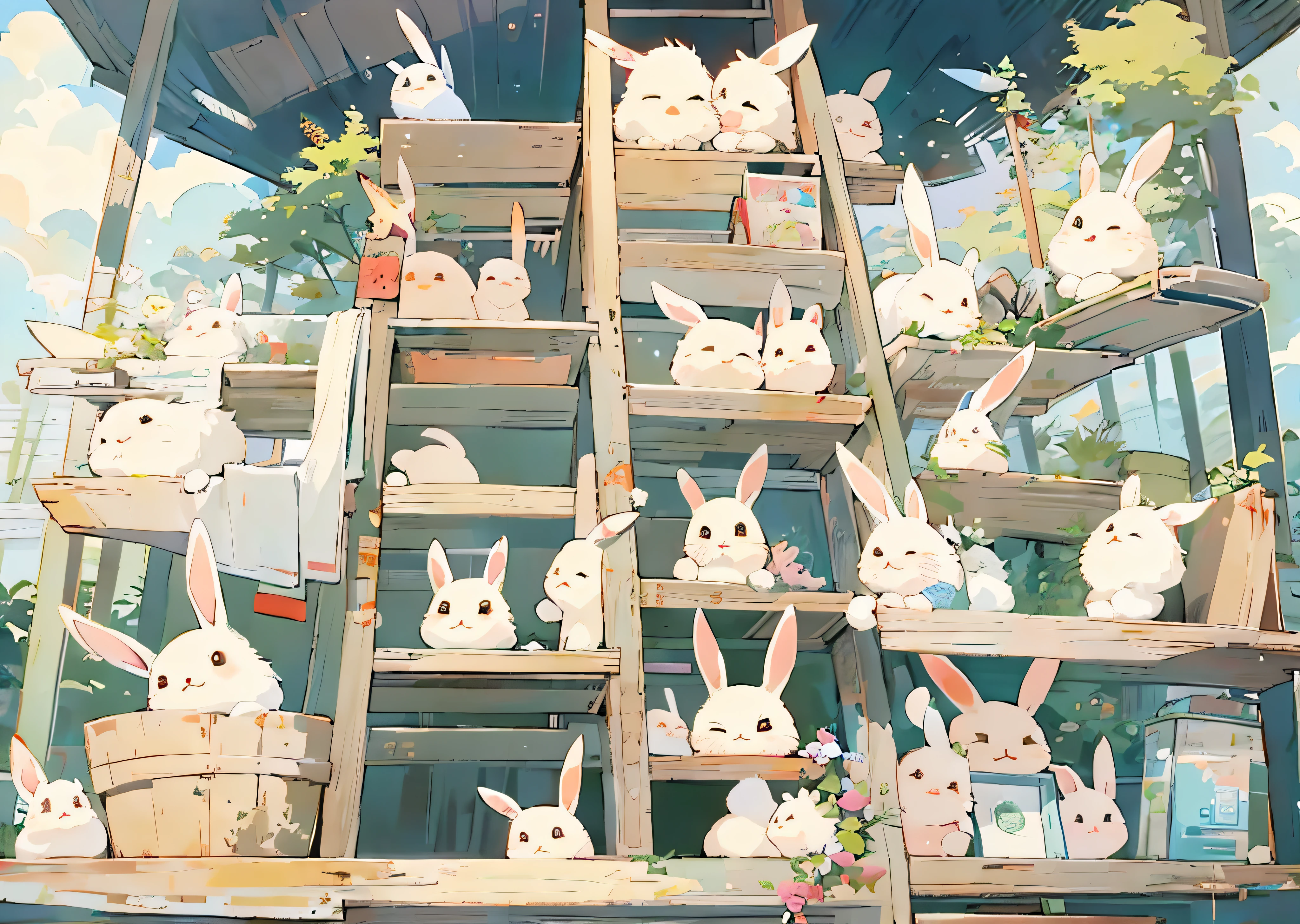 There are many stuffed animals on the ladder in the sky, trending on cgstation, bunnies, lovely art style, cute artwork, adorable digital art, Rabbits, Cute cartoon, trending at cgstation, Cute detailed digital art, Cute anime, cute detailed artwork, trending on pixiv, So cute, cute cute, cute illustration, a forest with bunnies