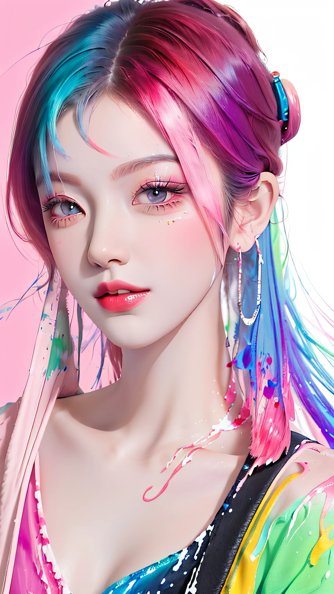 (Masterpiece, Best Quality, High Resolution), White Background, ((Paint Splash, Color Splash, Splash of Ink, Color Splash)), Sweet Chinese Girl, Rainbow Hair, Pink Lips, Front, Upper Body