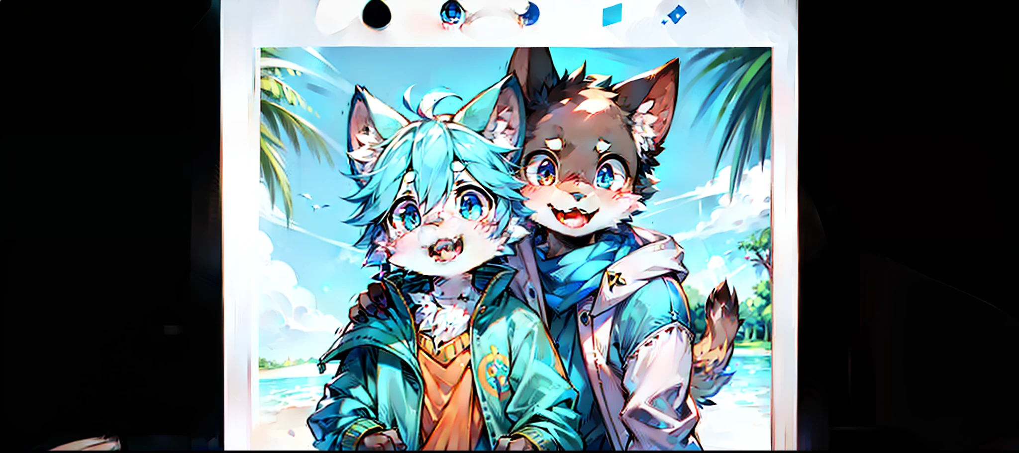 depth of fields,lighting perfect,light particules,(best qualtiy),(tmasterpiece),(ultra - detailed),Sharp focus,light particules,niji,eyesgod,Blushlush,brown_eyes,looking_at_viewer,smile,solo,furry,animal_ear_fluff,open_clothes,Arms back,The upper part of the body,coda,rays of sunshine,The tree,with her mouth open,from below,Arms back,Navy blue hair,Blue ears,Fuchsia eyes,furry,cat ear,infancy,Shota,beastly,accept,shaggy