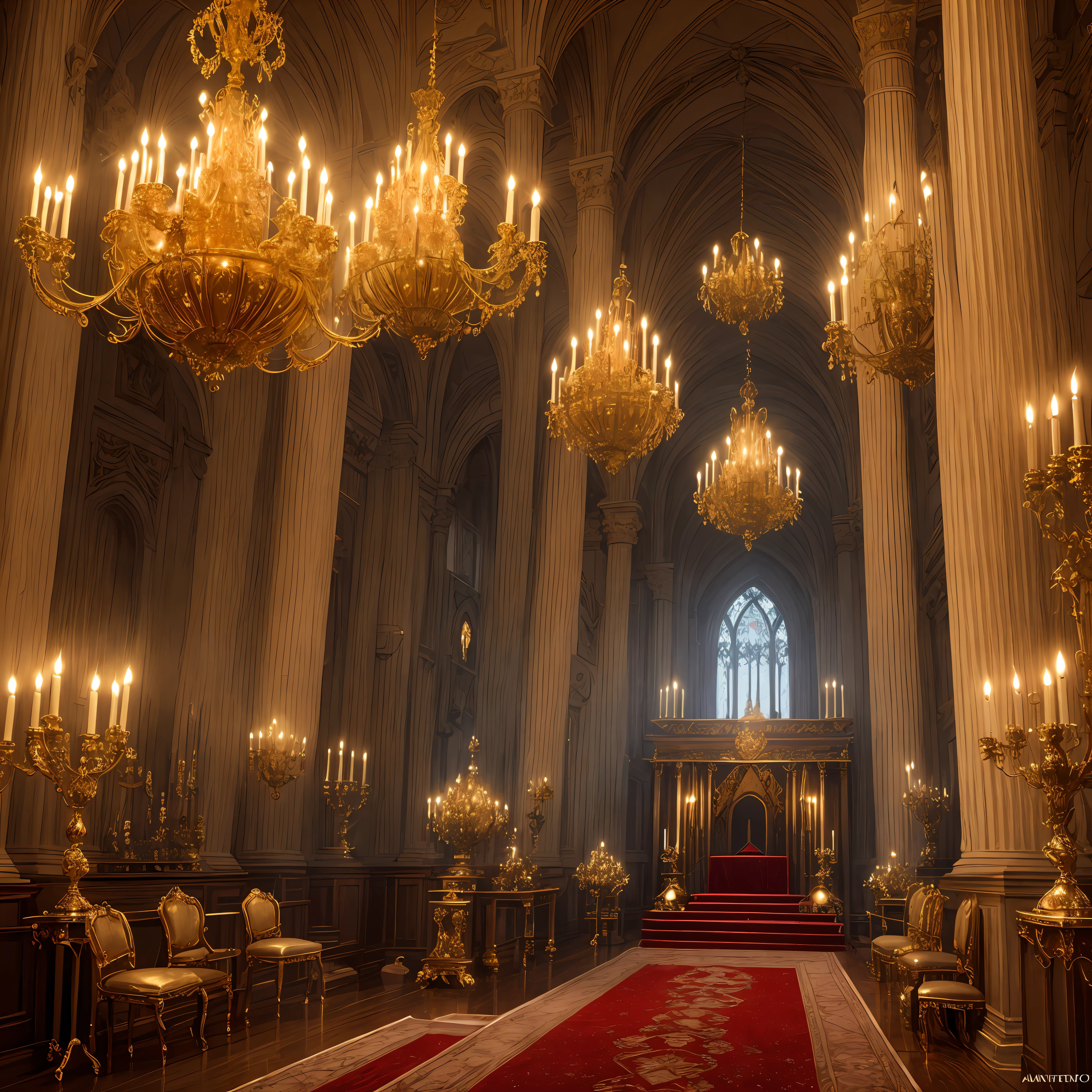 (best quality,masterpeace),wide shot,
A grand hall, dripping with Gothic opulence and draped in silk banners bearing ancient sigils, intricately carved masks, adorned with glistening black jewels, sinister elegance, blood-red velvet, flickering candlelight
,(perfect composition, best exposition, golden ratio)
, muted color, dramatic,cinematic lighting, trending on artstation,trending on CGSociety,immense detail, --auto