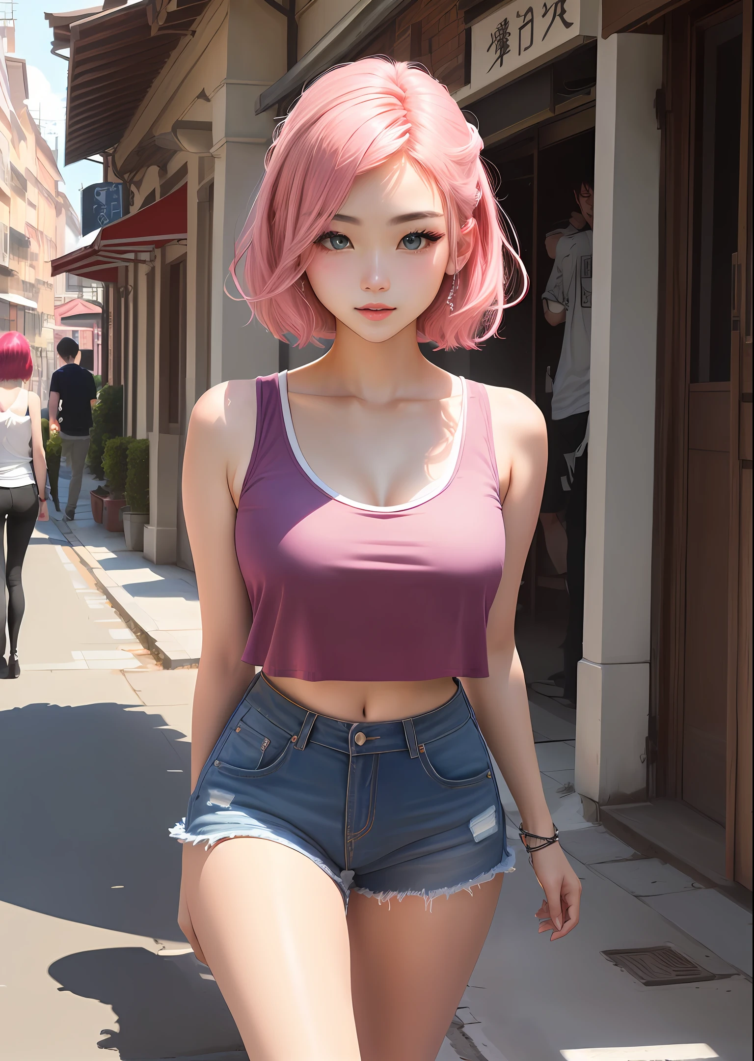 hightquality、​masterpiece、ighly detailed、hight resolution、4K、超A high resolution、detailed shadow、A hyper-realistic、realisitic、dramatic  lighting、独奏、A detailed face、realisticeyes、real looking skin、A pink-haired、FULL BODYSHOT、short cut hair、croptop、street、sexypose、glistning skin、20yr old、big sister、1人、Nice Buddy