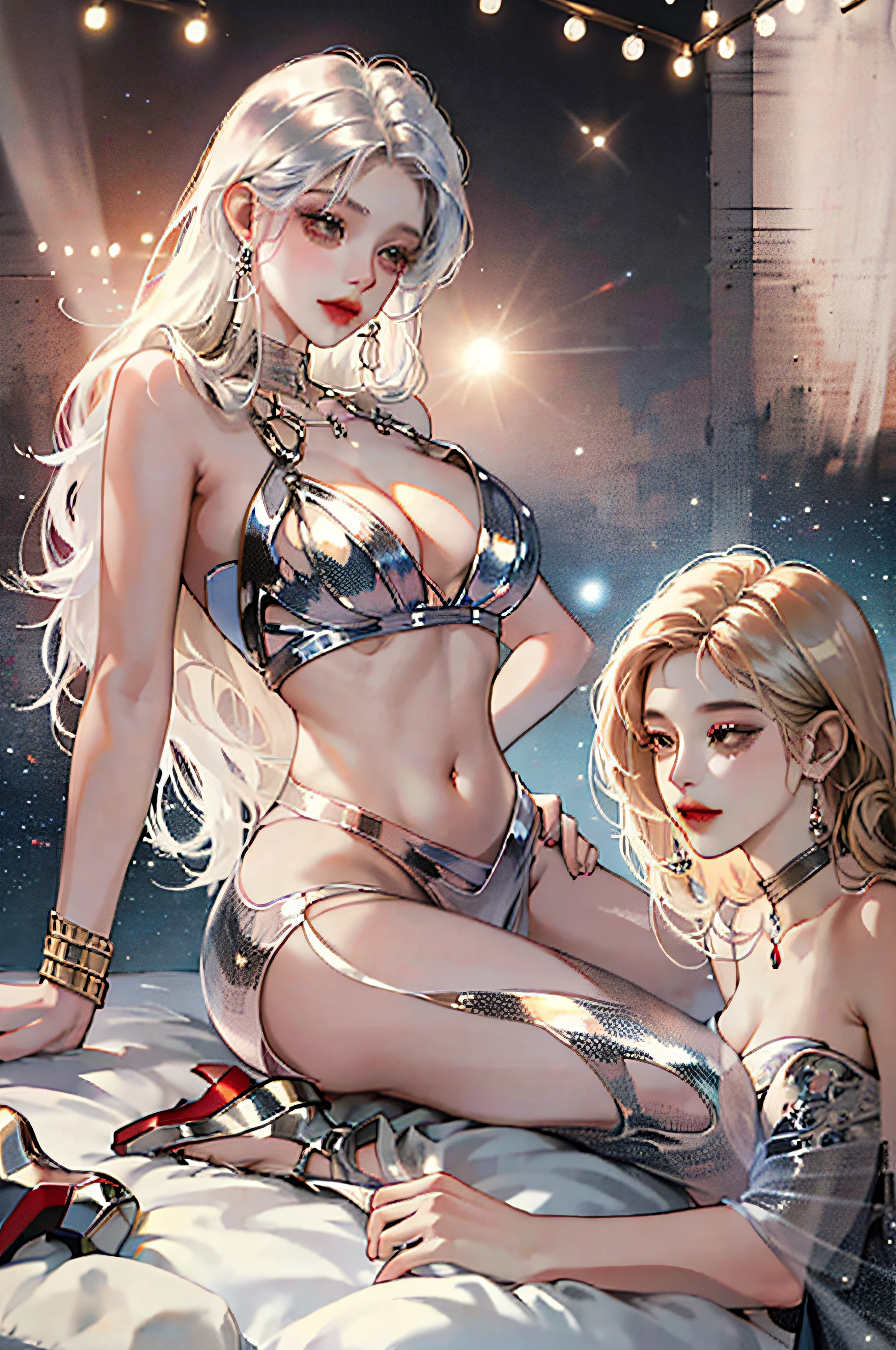 Naked seductive woman with big breasts，2girls，Dissection is correct，，One girl stands on top of another，Girl in silver high heels stepping on another girl's belly，Step on the chest，hips bare，Luxury jewelry，Delicate leg rings，A shiny scene