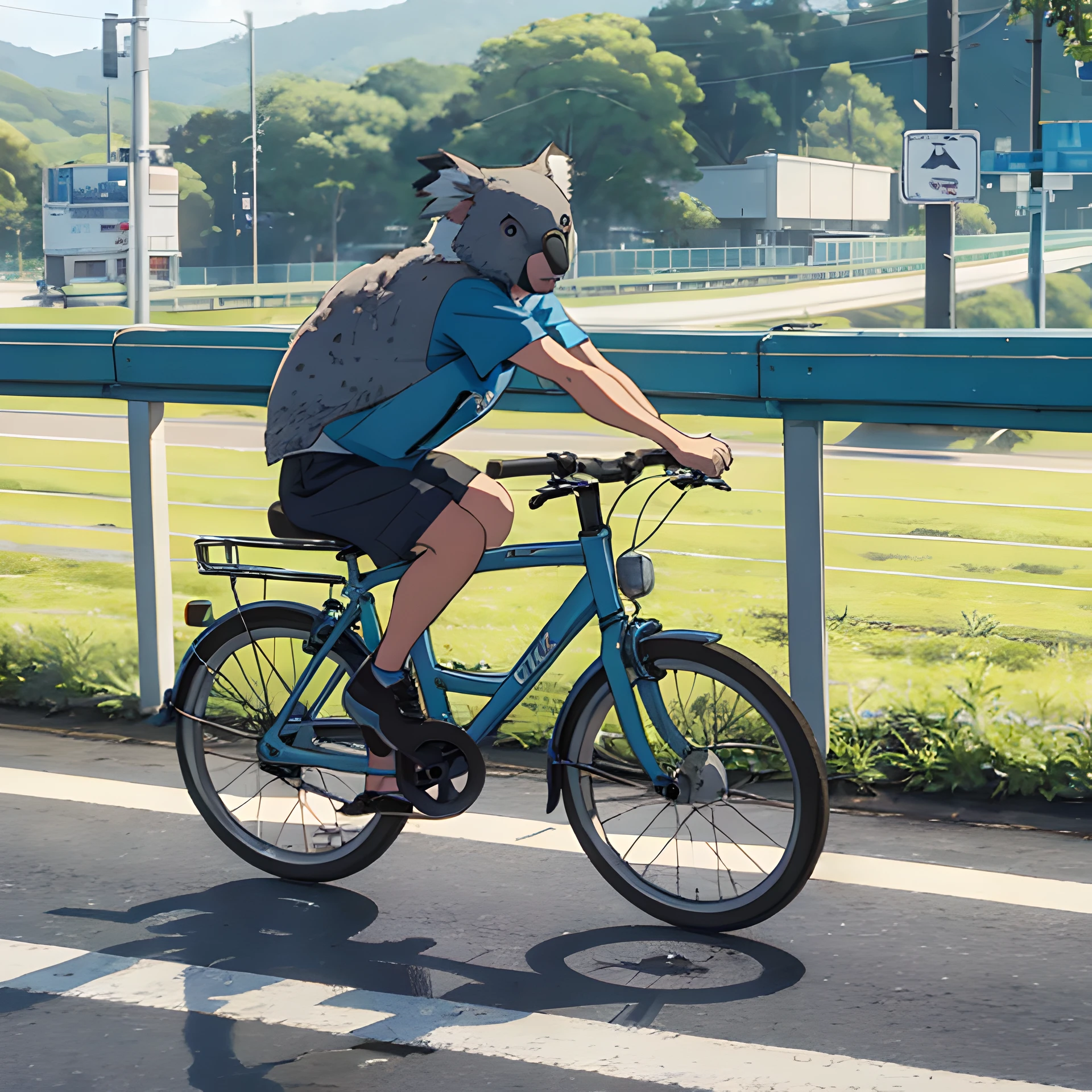 A koala riding a bicycle,Wears blue short sleeves。On the highway --auto