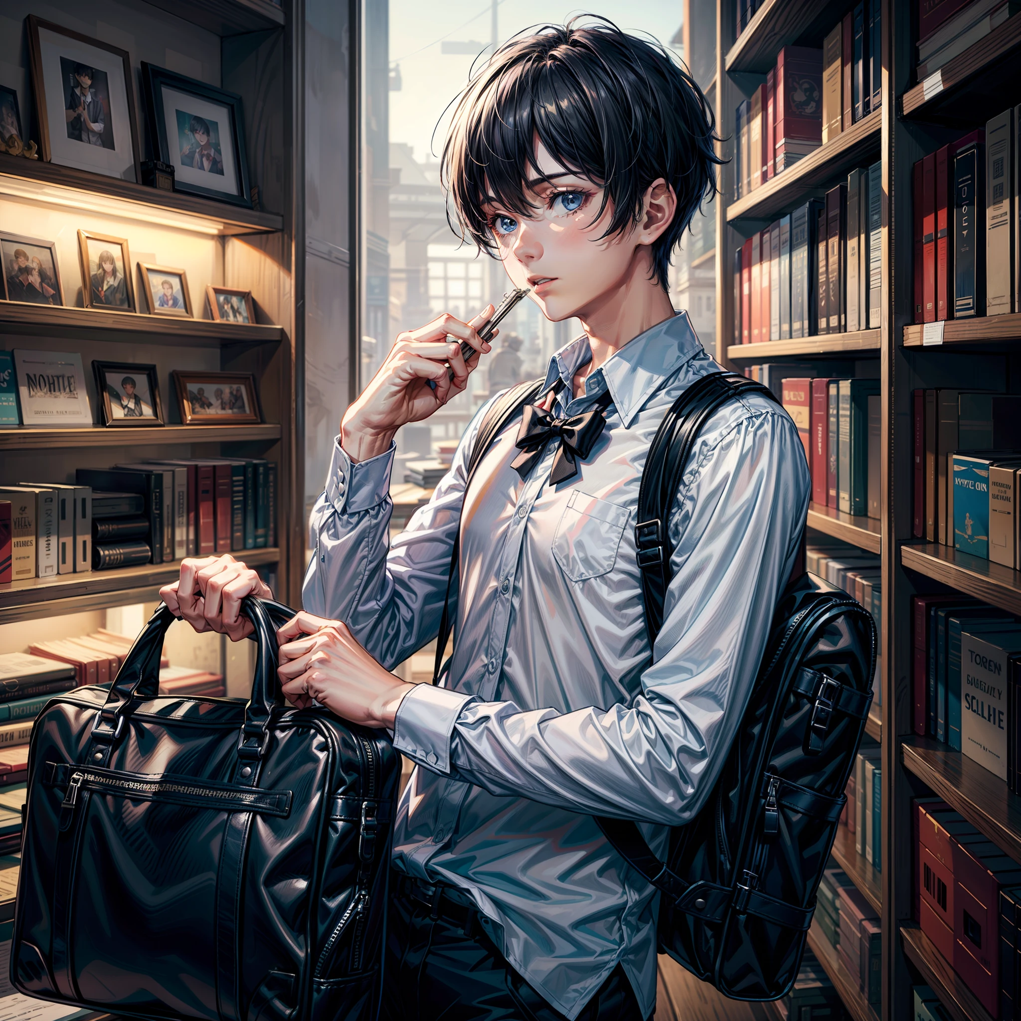 hyper-detailing，A high resolution，hyper-detailing，best qualtiy，astounding，top Quority，A boy with，white  shirt，Black school bag，libraryai，with short black hair