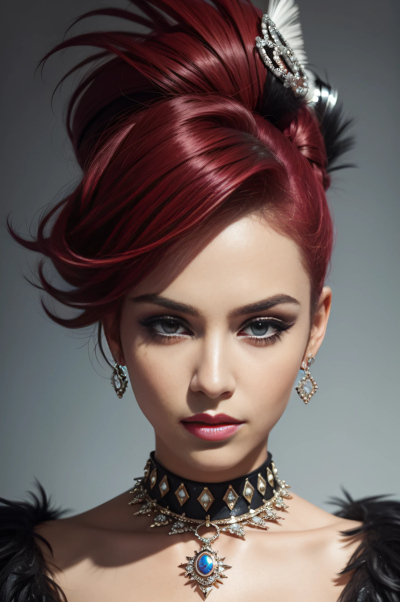 close-up portait, glamorous punk woman, jewelry, latin american