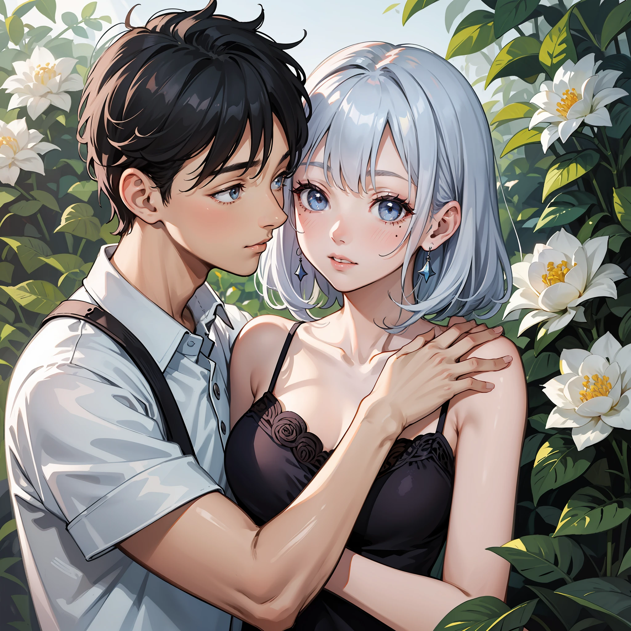two guys，a young man and a woman，hugs，The girl has short white hair，Boy with black hair，The girl wore a light blue dress，Slip dress，Boy in white shirt，There are tear moles in the corners of the eyes，Ultra-clear image quality，Excellent image quality，tmasterpiece，light and shadow effect，Gardenias bloom everywhere