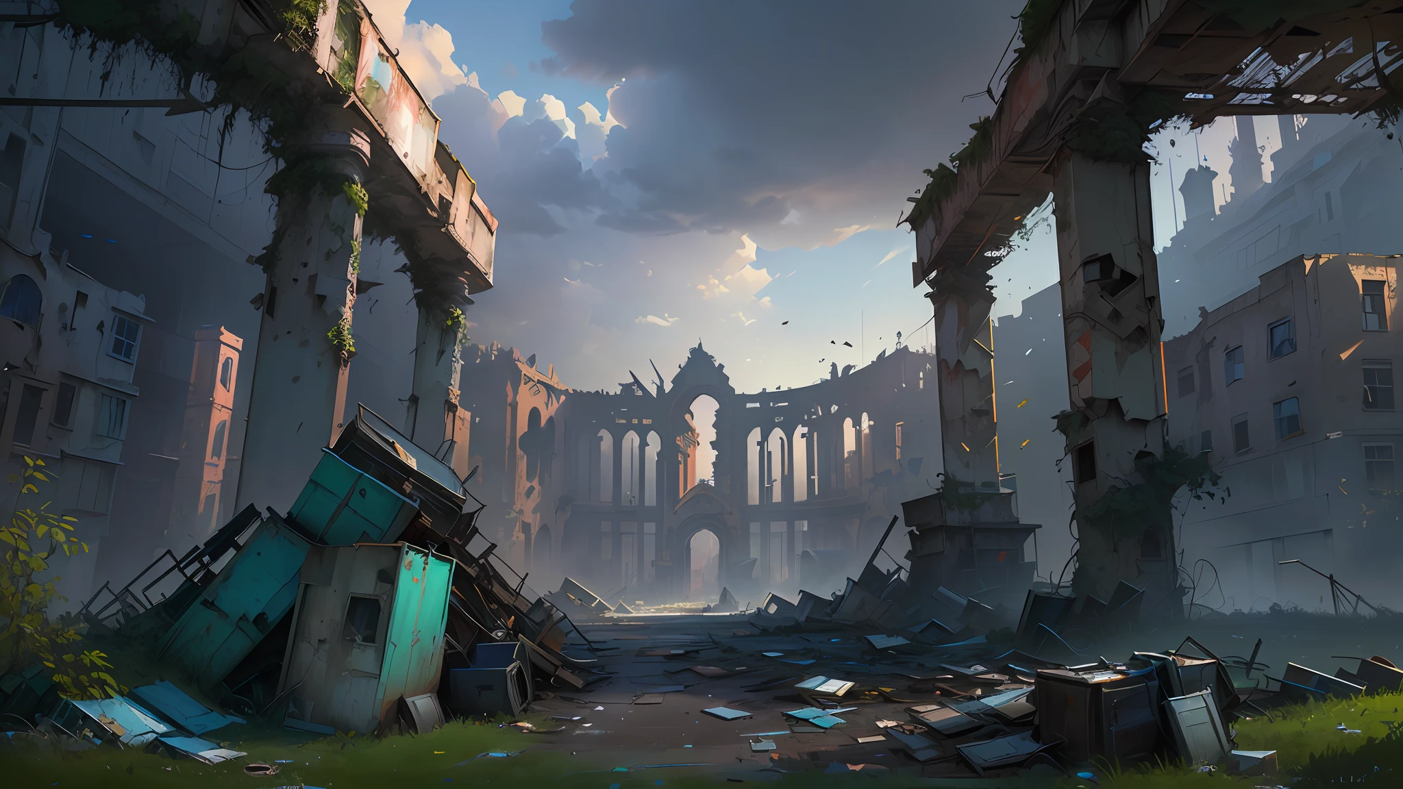 An abandoned square that smells of wasteland, Doomsday European and American City Square,In the center of the square is a huge statue,The building is dilapidated,Doomsday wasteland style,inspired by Ismail Inceoglu, Ismail Inceoglu, dramatic concept art, concept-art , highly rendered, concept art for a video game, game art matte painting, highly realistic concept art, author:Ismail Inceoglu, concept world art, author:Luis Miranda