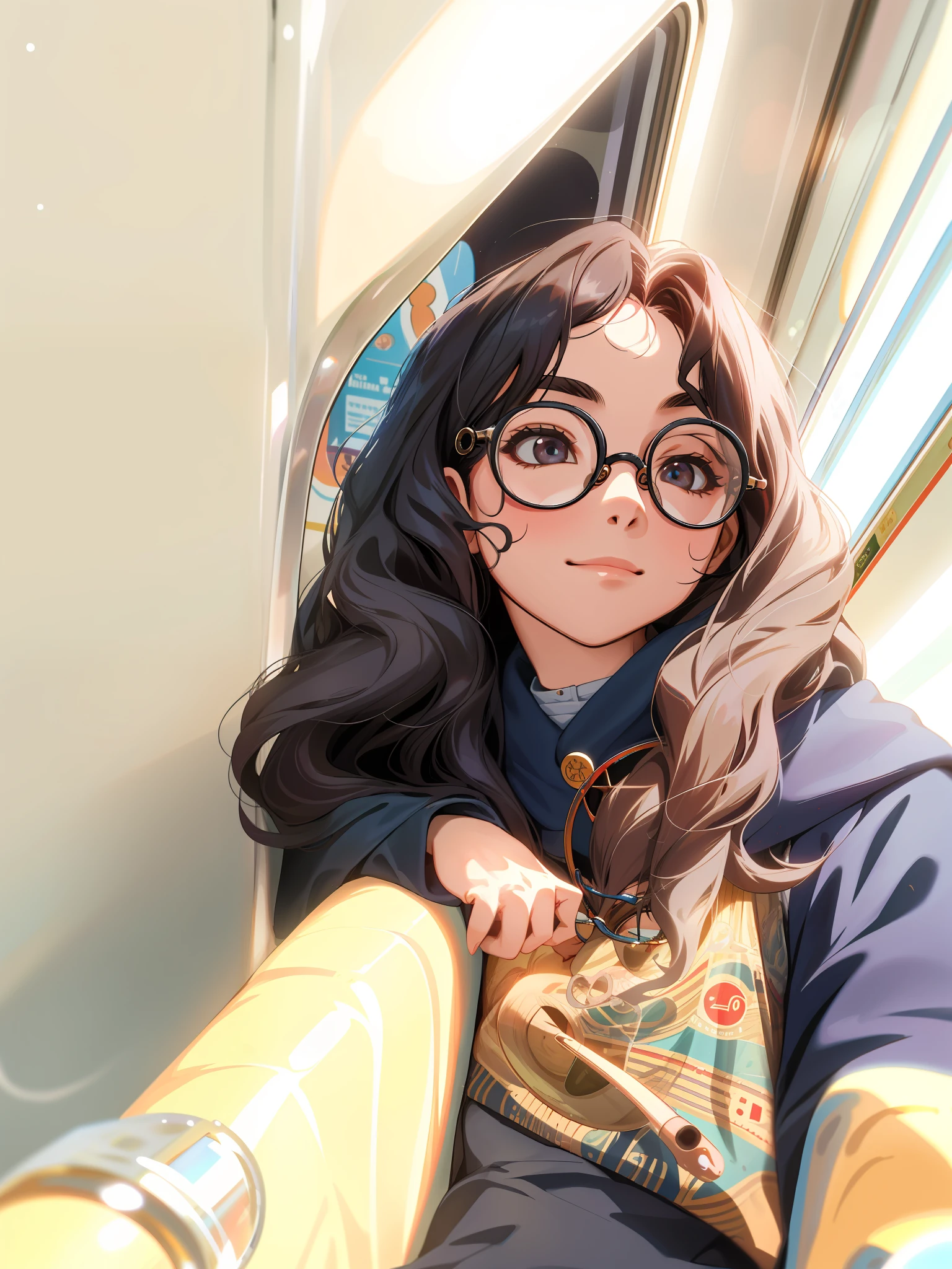 There was a woman sitting on a train，A hand on her hip, she wears harry potter glasses, wearing thin large round glasses, wearing small round glasses, With glasses, She has a cute face, ulzzangs, wavy long black hair and glasses, With long hair, wearing big black circle glasses, 🚿🗝📝, eye glass