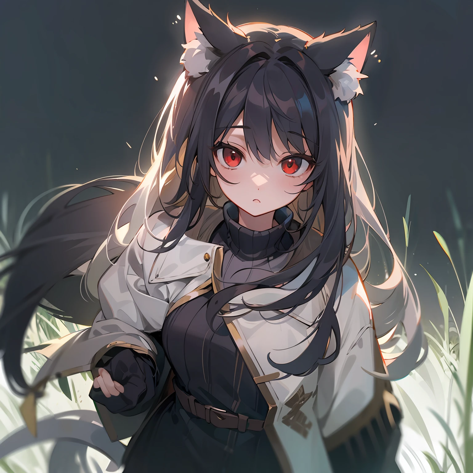 whaite hair，Red eyes，long whitr hair，Black sweater，Cat lady，Extremely detailed CG quality，Best light and shadow performance，Light floating stance，Fresh and natural scene，large grassland，A gentle breeze，Waves crashing，Light and shadow interlace，A delicate and moving adventure。