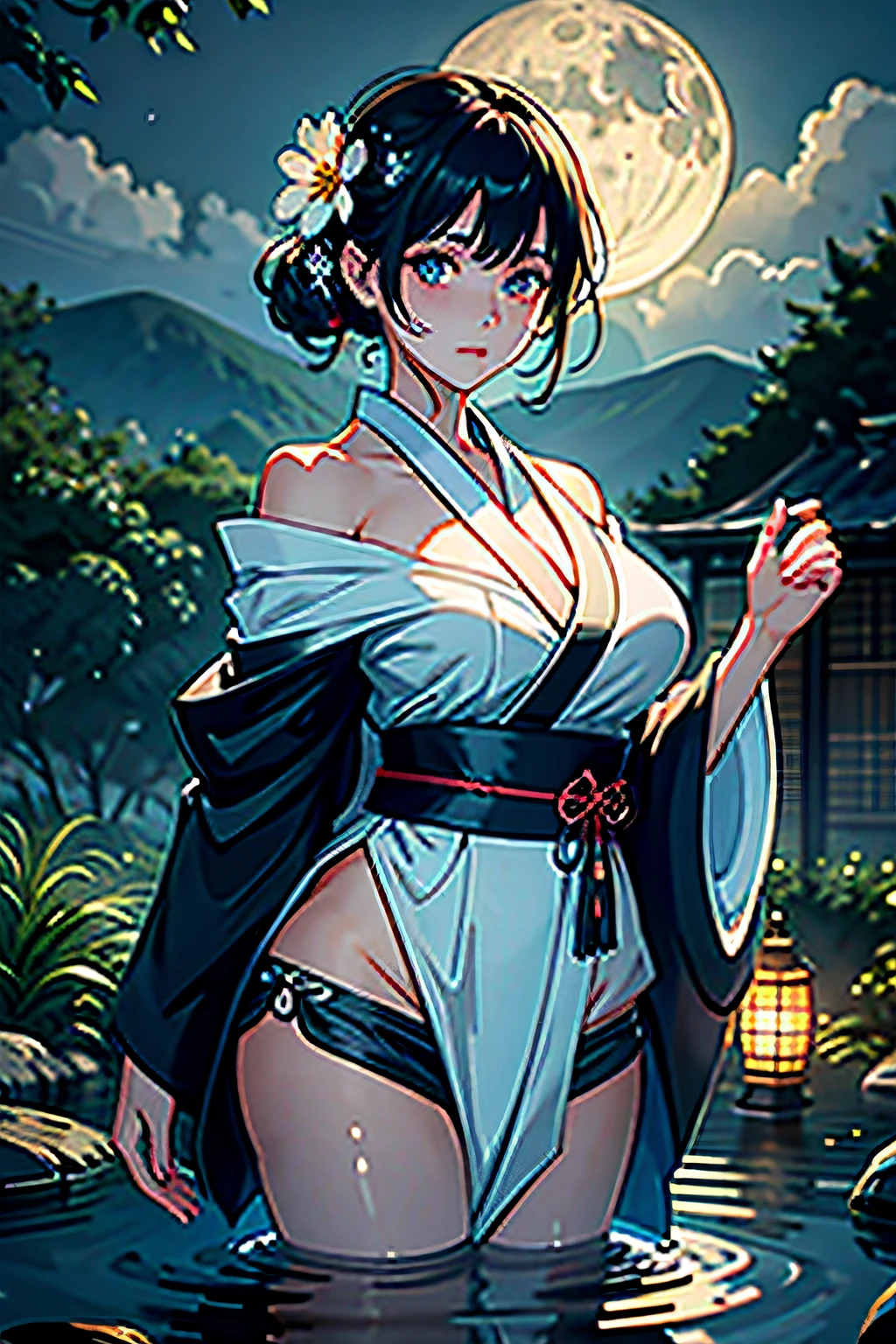 1girl, breasts, moon, lantern, night, solo, large breasts, hair ornament, wet, kimono, japanese clothes, wading, water, hair flower, flower, outdoors, sky, full moon, rain, black hair, off shoulder, mountain, cloud, holding, sash, bare shoulders, paper lantern, standing, white kimono, night sky, sideboob, obi, wet clothes, bangs, tree, from side, reflection, short hair, cloudy sky, wet hair (((masterpiece),(extremely detailed CG unity 8k wallpaper),best quality,,solo,1girl,cinematic lighting,detailed background,beautiful detailed eyes,bright pupils, (an extremely delicate and beautiful),(Beautiful and detailed eye description)， ultra-detailed,masterpiece,)),