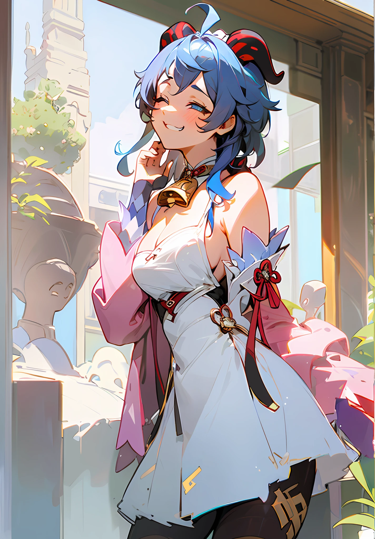 (Highest image quality),(A masterpiece),(Super meticulous),(Eye detail description:1.0),(lens flare glow:1.0),(filmposter:1.0),(Tarot border:1.0),(closeup cleavage:1.0),(Negative space:0.8),(Negative space:1.6),(独奏),(Photorealistic:1.4), (Masterpiece, side-lighting, fine detailed beautiful eyes: 1.2), Masterpiece*Portrait, Realistic, 3D face, Ganyu \(Genshin Impact\), 1girll, ahoge, architecture, By bangs,Bare shoulders,bell,black glove,Black tights,(blue hair),Blushlush,Beautiful breasts,Chinese knot,the sleeve,flower knot,mitts,cow horn,long whitr hair,middlebreast,Neckbells,the maid outfit:2.0,maid costume:2.0,happy laughing,Squinted eyes,gentleness,extremely shy:2.0,Be red in the face:2.0,exhilarated,Not facing the lens,Super happy:2.0,Drink coffee at a coffee shop:3.0,ssmile,Playful,Super meticulous,Lunette de soleil,sneak shot,grin,Close your eyes,Smiling eyes,Candid photos of girls:2.0,Back shadow:2.0,Addicted to playing games,Arcade,