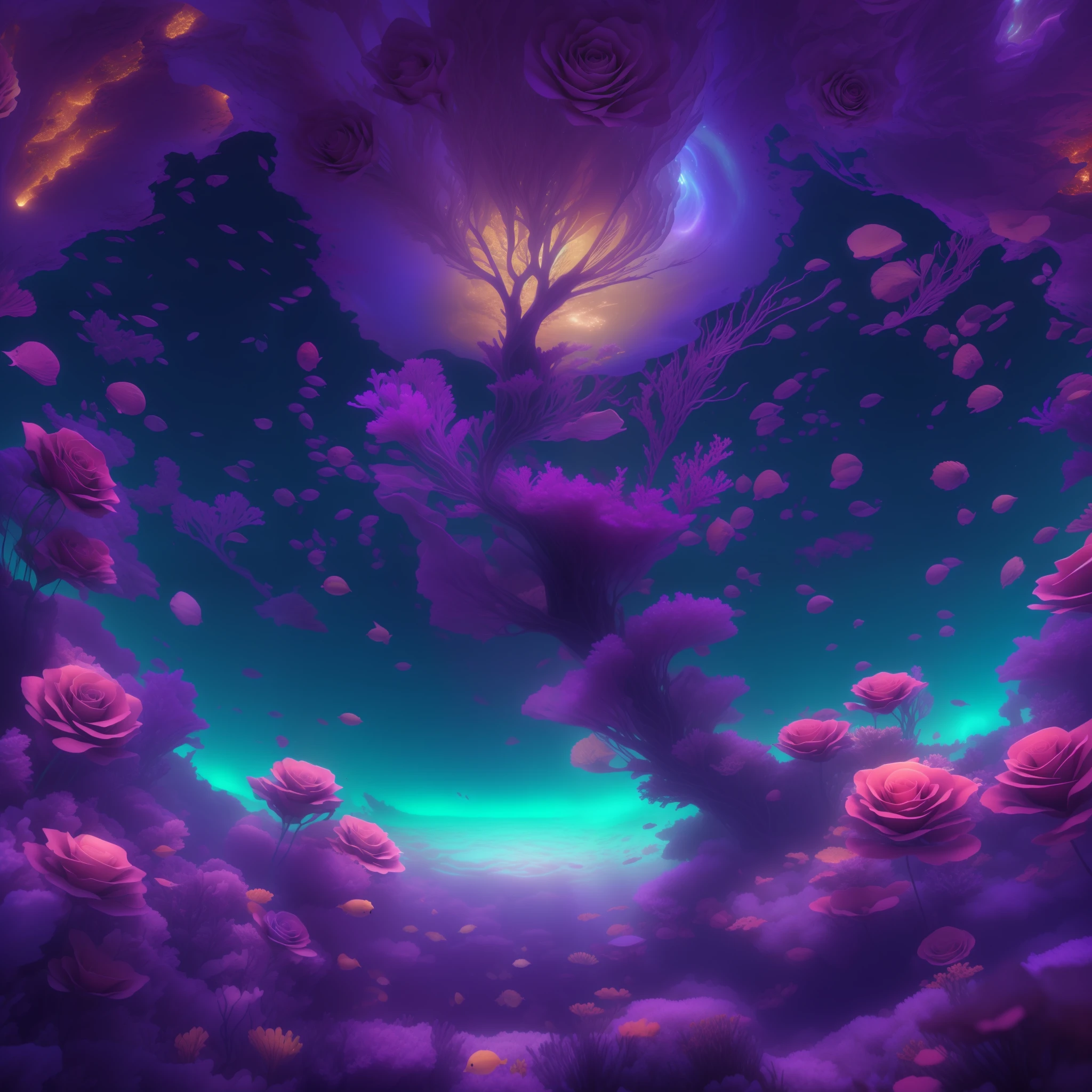 ocean floor，Marine life，Beautiful coral reef，The fish，dive，lamp lights，Big rift，Nero，（Glowing plankton），high qulity，This is a surreal and complex CG rendering. At night, the golden sky is as transparent as a mirror, crescent water, moonlight, starlight trees, the shining Milky Way, art, high definition, starry sky, glaciers, many huge blue rose glaciers, surreal purple roses, and many small and colorful luminous particles, dreams, high-definition complex details, beauty, 4K, aurora, octane light and shadows, complex details, ultra wide angle, panoramic photography.Virtual engine, volume light, reflected light, light effects, three, dimensional, 8K, HD