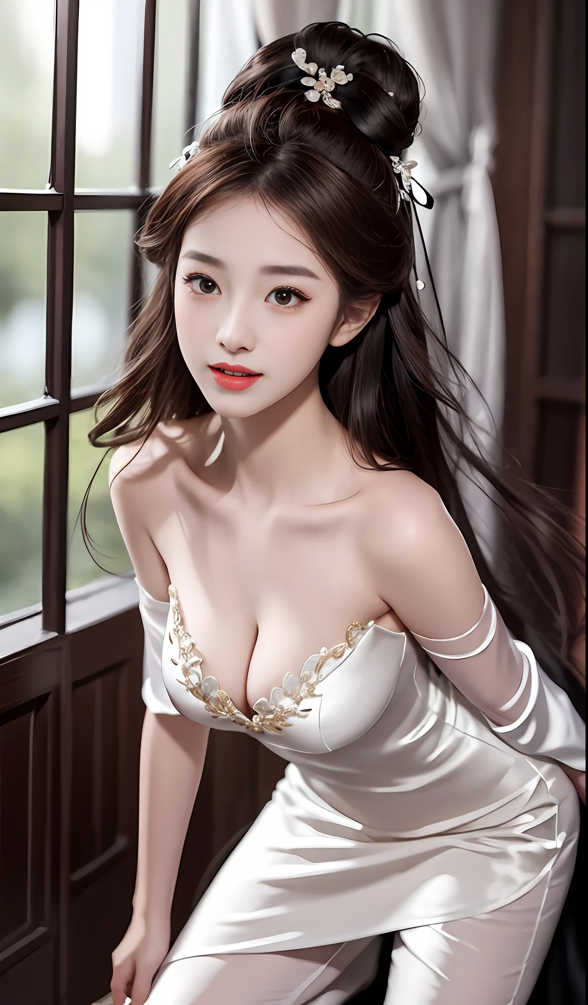 （long whitr hair：1.6），Floating hair，（Black ribbon on hair），best qualtiy，Extremely Delicately Beautiful，extremely detaile，8k wallpaper，astounding，finedetail，tmasterpiece，best qualtiy，，Beautiful Meticulous Girl，extremelydetailedeyesandface，beatiful detailed eyes，light in face，full bodyesbian，tmasterpiece，Ultra photo realsisim，Women are sexy，cleavage，cropped shoulders，Raised sexy，show legs，standing on your feet，Bare back，blacksilk，Blackn clothes