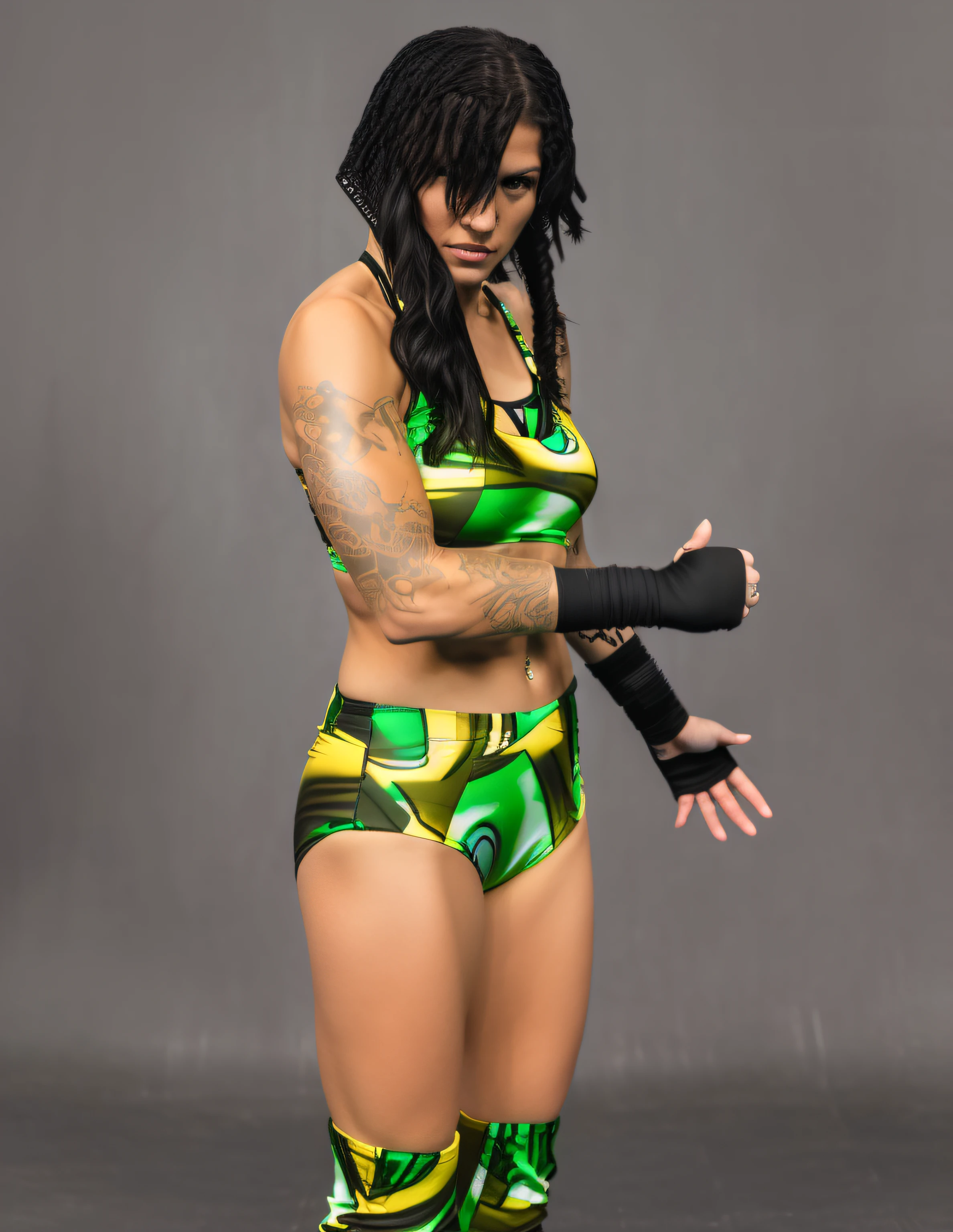 ((masterpiece, best quality)), Caucasian female wrestler with partial dreads, black fire tattoos, in green yellow and black slime patterned sports bra, green yellow and black slime patterned trunks, black hand-wraps, ((photo realistic)), intricate details