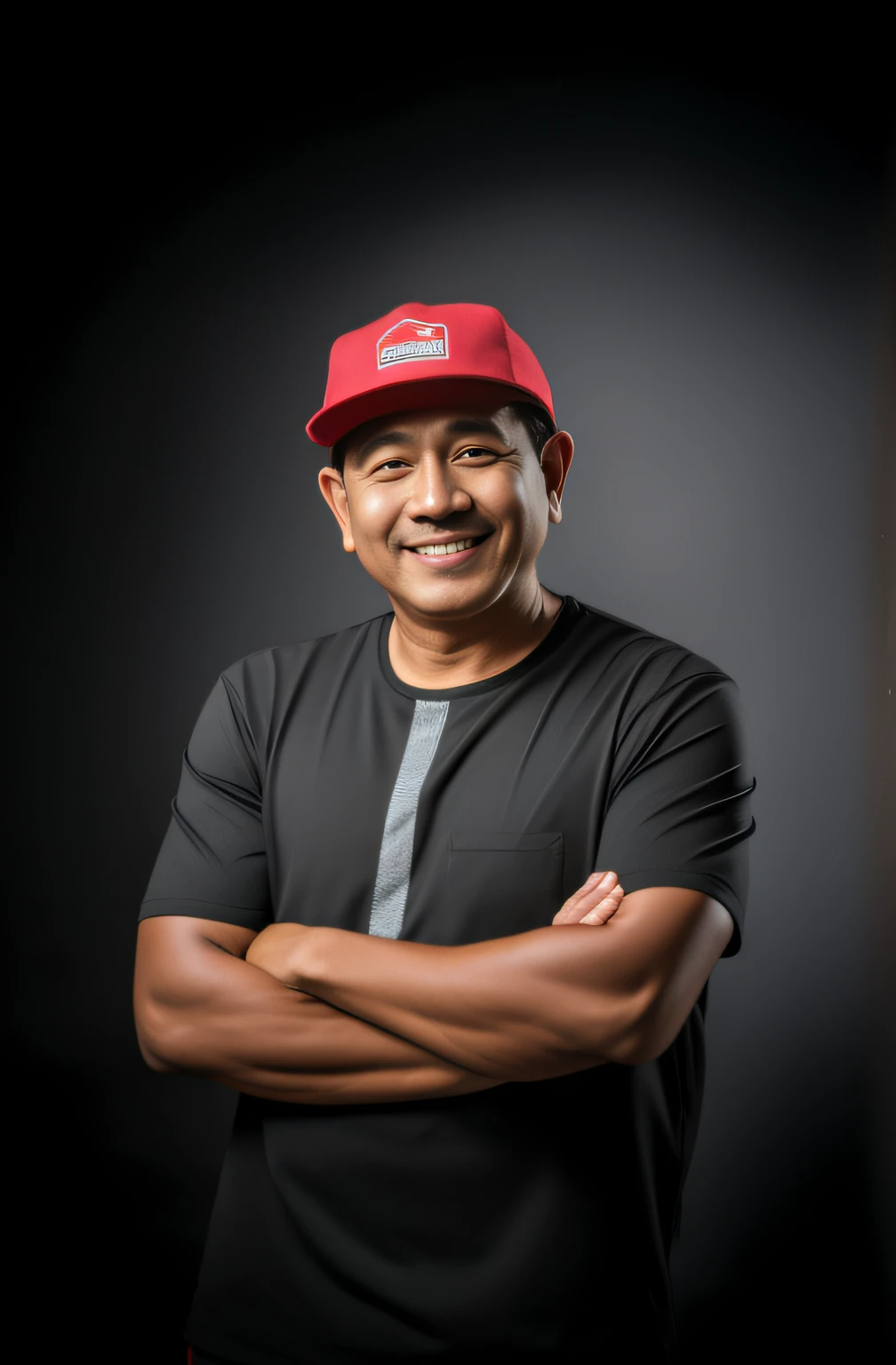 arafed man in a red hat and black shirt with his arms crossed, andy worhol, inspired by Rudy Siswanto, by Basuki Abdullah, ramil sunga, inspired by Eddie Mendoza, john jude palencar, full protrait, headshot photo, profesional photo, taken with canon 5d mk4, mid shot portrait