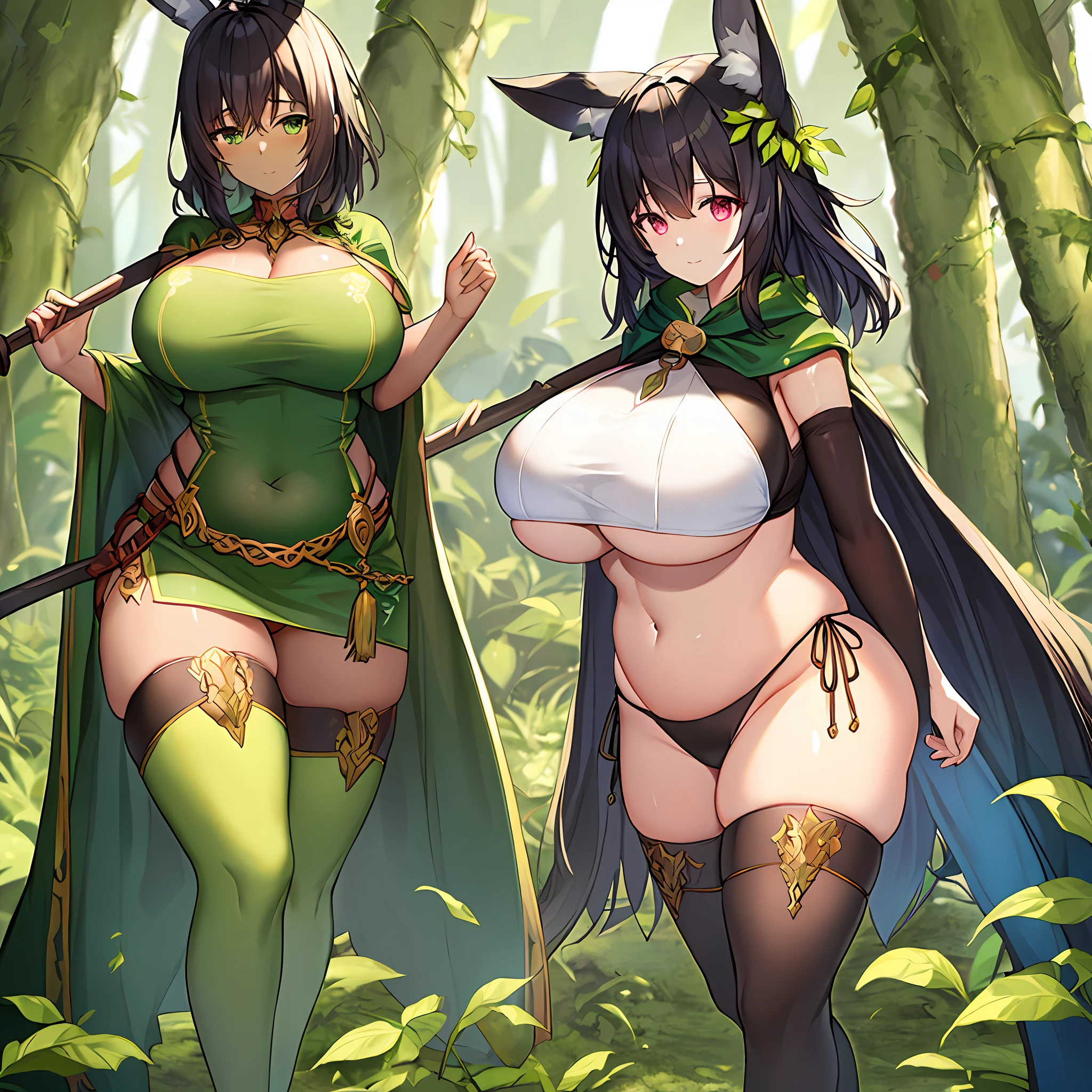 fantasy, 1forest_elemental_girl, (dark_skin)0.9, (using_leaves_clothes, green_leaves_covered_breasts, leaves_covered_pussy)+++,(gigantic_heavy_tits:1.1), walking, (smile, sleepy)+, medium_hair, navel,(plump:0.9), oil, (winding_vine_around_torso)++, forest_background, leaves_headgear, green_leaves_cape, spread_arms, large_staff, leaves_thighhighs, big_ass,