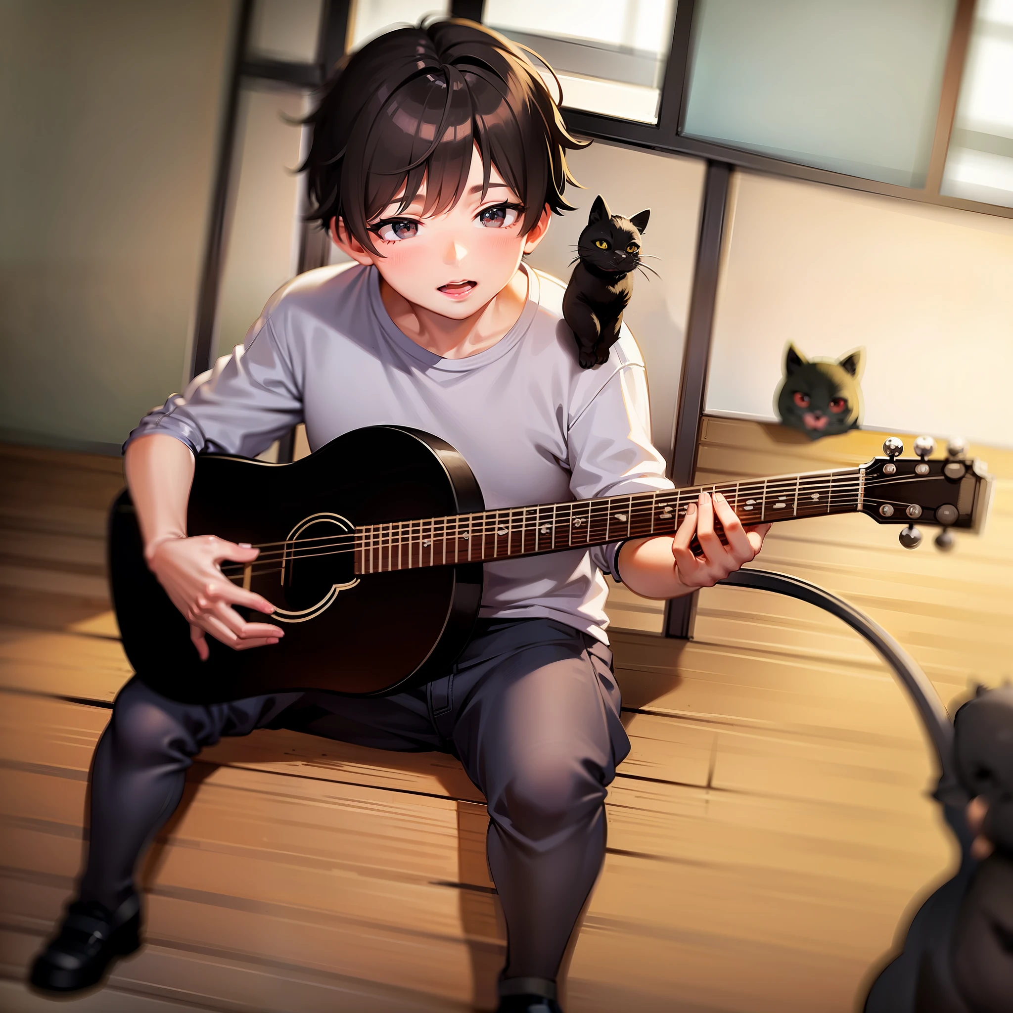 Slightly chubby boy playing guitar,A black cat next to it