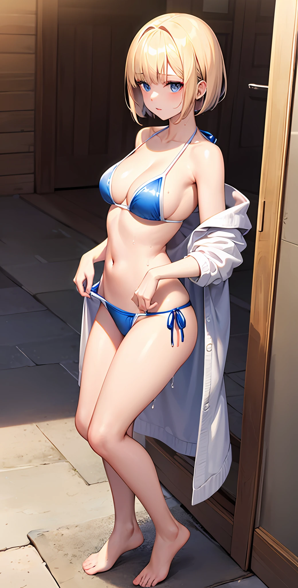 best quality,masterpiece,shiny blonde,blue eyes,white clothes, look down on, whole body,hair strand,Fair skin,short bob,bikini swimsuit,wet,undressing,knitting