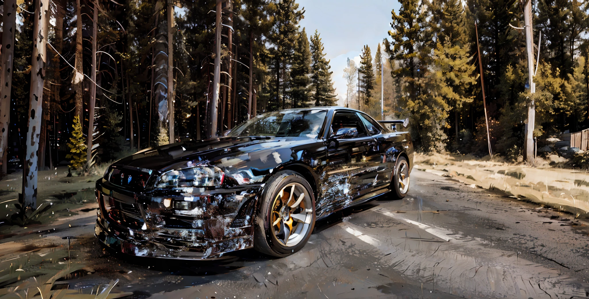 A black car was parked on a dirt road in front of the forest, Hologram paint car, extreme hight detail, ultra - detailed!!, high contrast hyperrealism 8k, Car paint, auto photography, 2 0 % pearlescent detailing, vehicle photography, ultra - detailed!!, spotted ultra realistic, realistic paint job, extremely hyperdetailed, covered with tar, Hyper-realism 8k，Remove body spots