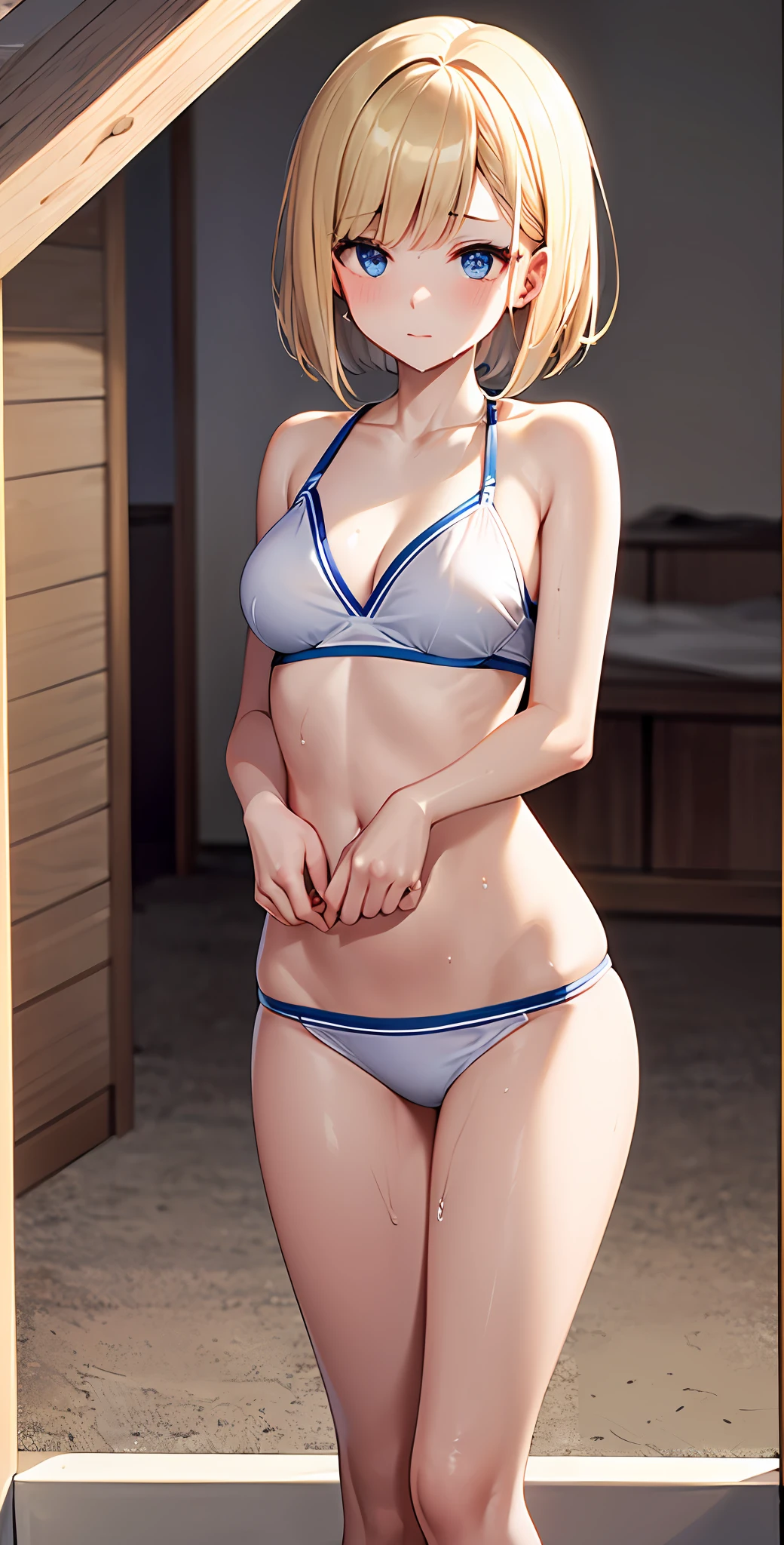 best quality,masterpiece,shiny blonde,blue eyes,white clothes, look down on, whole body,hair strand,Fair skin,short bob,bikini swimsuit,wet,undressing,knitting,shy