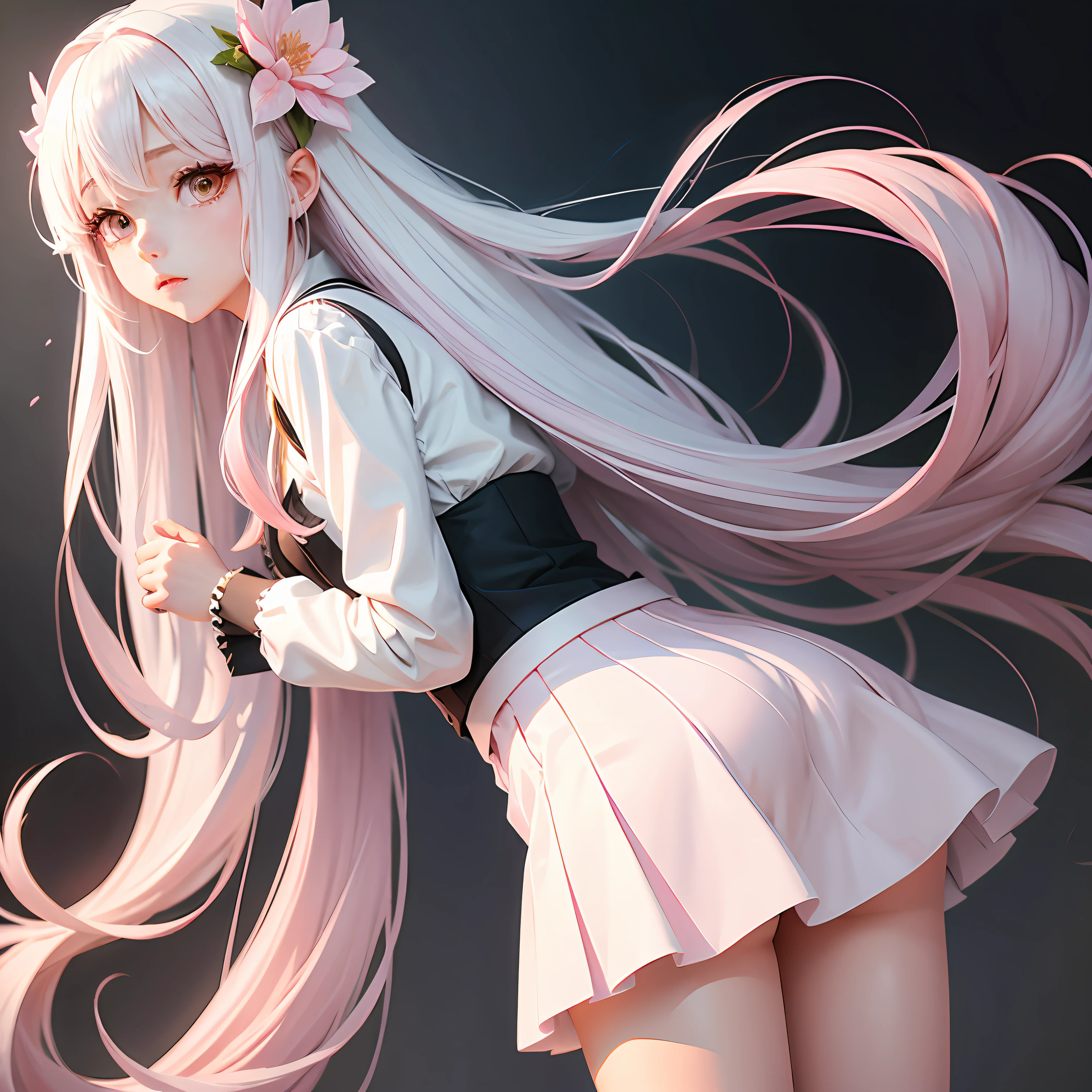 JK skirt, long  white hair, Slim all over, pink blush, style of anime, Bloom animation, high high quality。