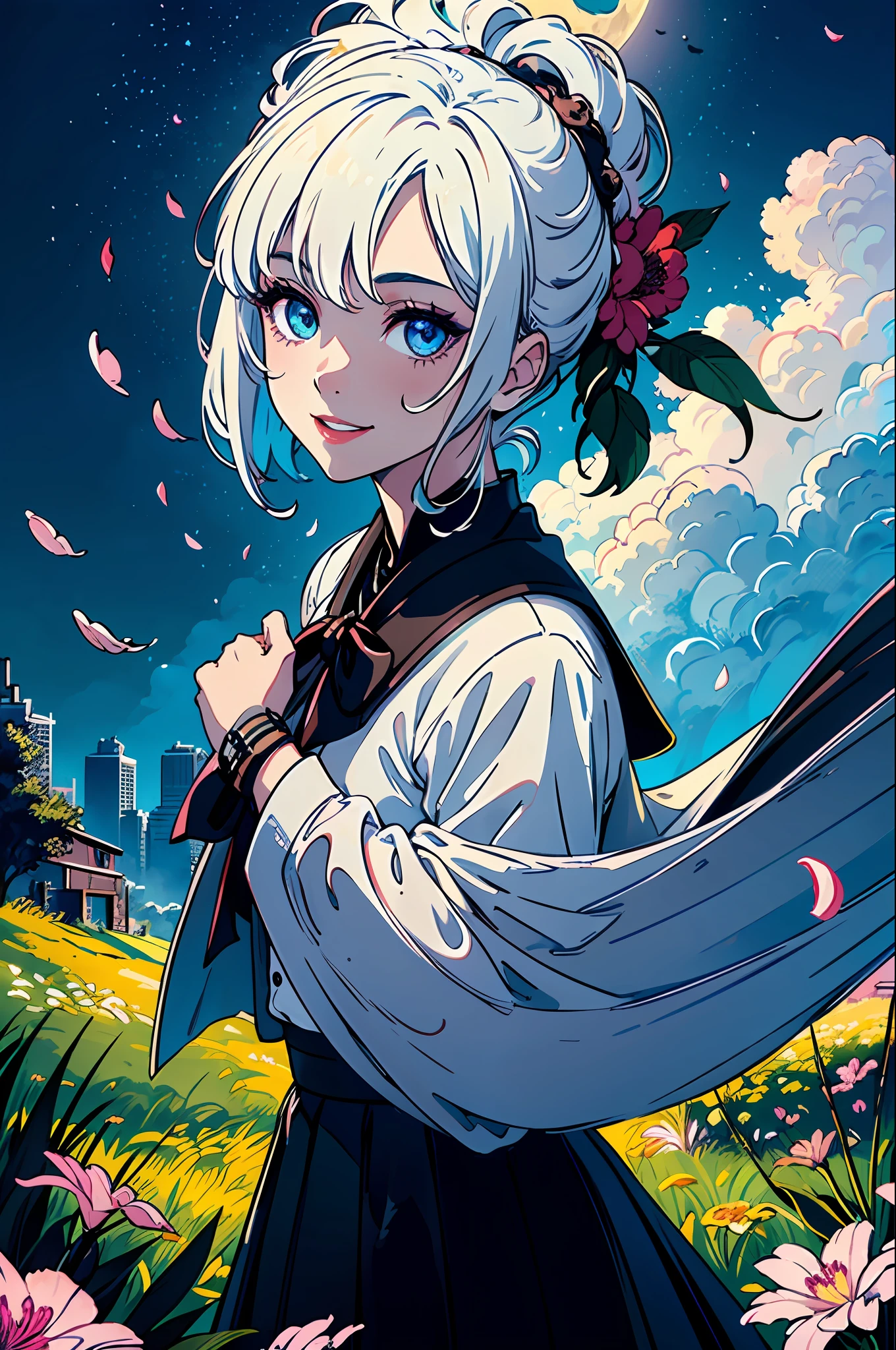 masterpiece, best quality,
1girl, (colorful),(finely detailed beautiful eyes and detailed face),cinematic lighting,bust shot,extremely detailed CG unity 8k wallpaper,white hair,solo,smile,intricate skirt,((flying petal)),(Flowery meadow)
sky, cloudy_sky, building, moonlight, moon, night, (dark theme:1.3), light, fantasy,