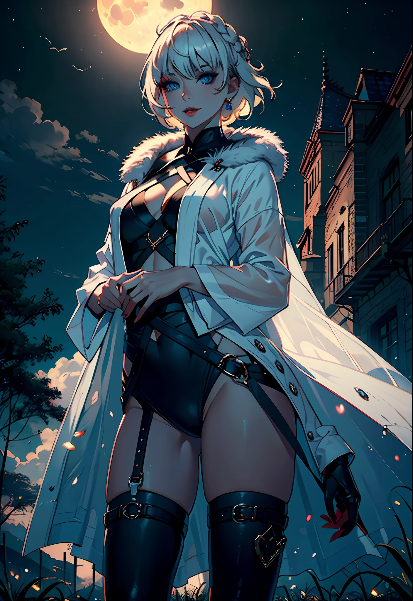 (((best quality))), (((overdetalization))), (((masterpiece))), illustration,(Dark night, full moon in the sky),1 girl, perfect face,one of the hands behind her back ,volumetric lighting,sexy girl wowdk, smile ,fantasy,((muted colors,night,darkness)),makeup,mascara,translucent skin , HALFTONES,cloud,LIGHT_PARTICLES,1dev, white kimono, platinum blonde hair, short hair, blue eyes