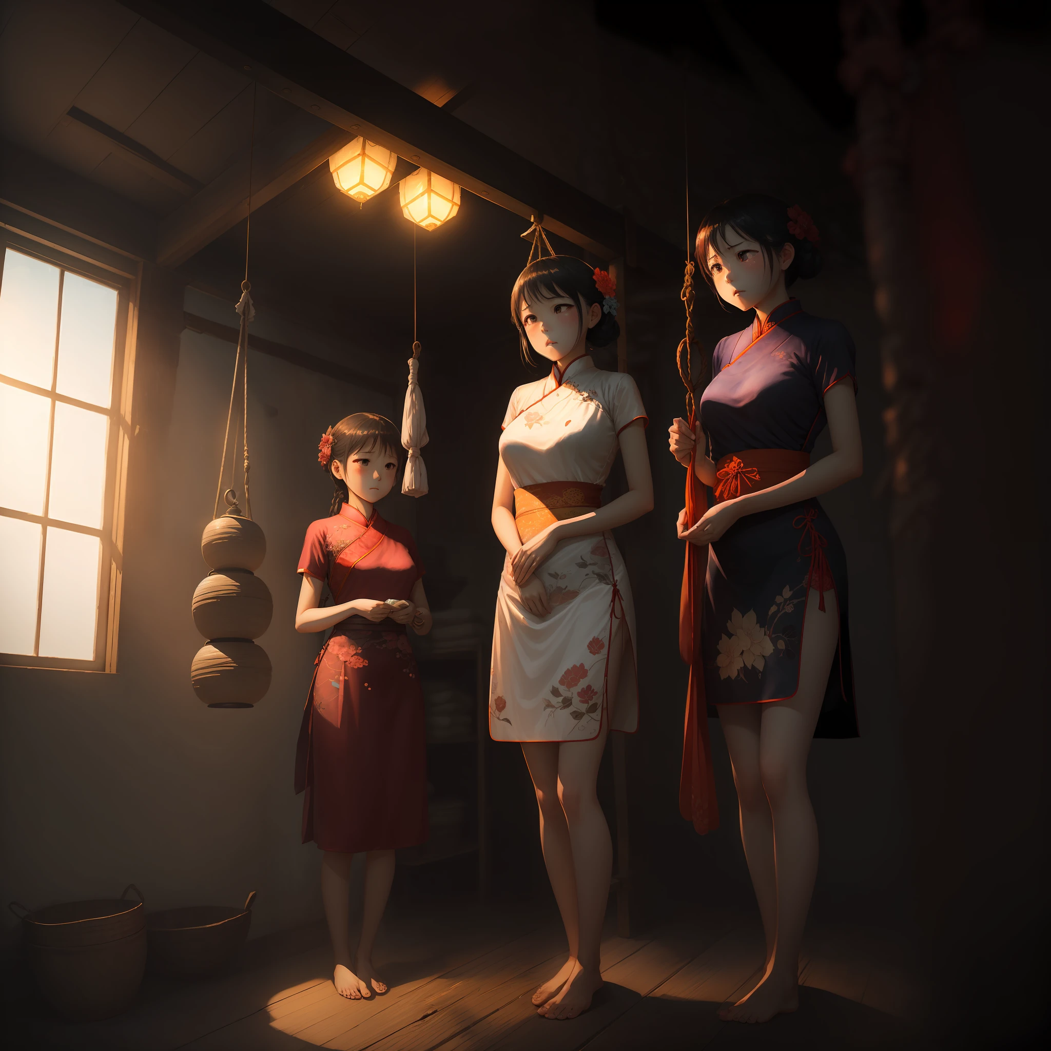 Light and dark light，Execution，NOWAI，The high gallows was hoisted，Cute girl，young 17 years old，Slender limbs，Medium large breasts，on cheongsam，Barefoot，Bound by the gallows，suffocating，incontinence， Lifted，deathia，roll eyes，agony --auto