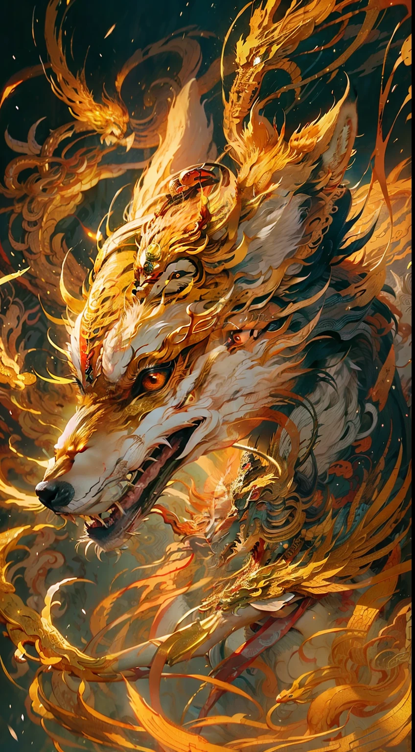 (Vitality+Chinese mythology+Ancient divine beast Nine-Tailed Fox)Gorgeous 3D rendering，(Masterpiece+Best quality+high detal)Photographic-quality performance，The ultimate visual presentation，Focus Clear，The depth of field is strong。