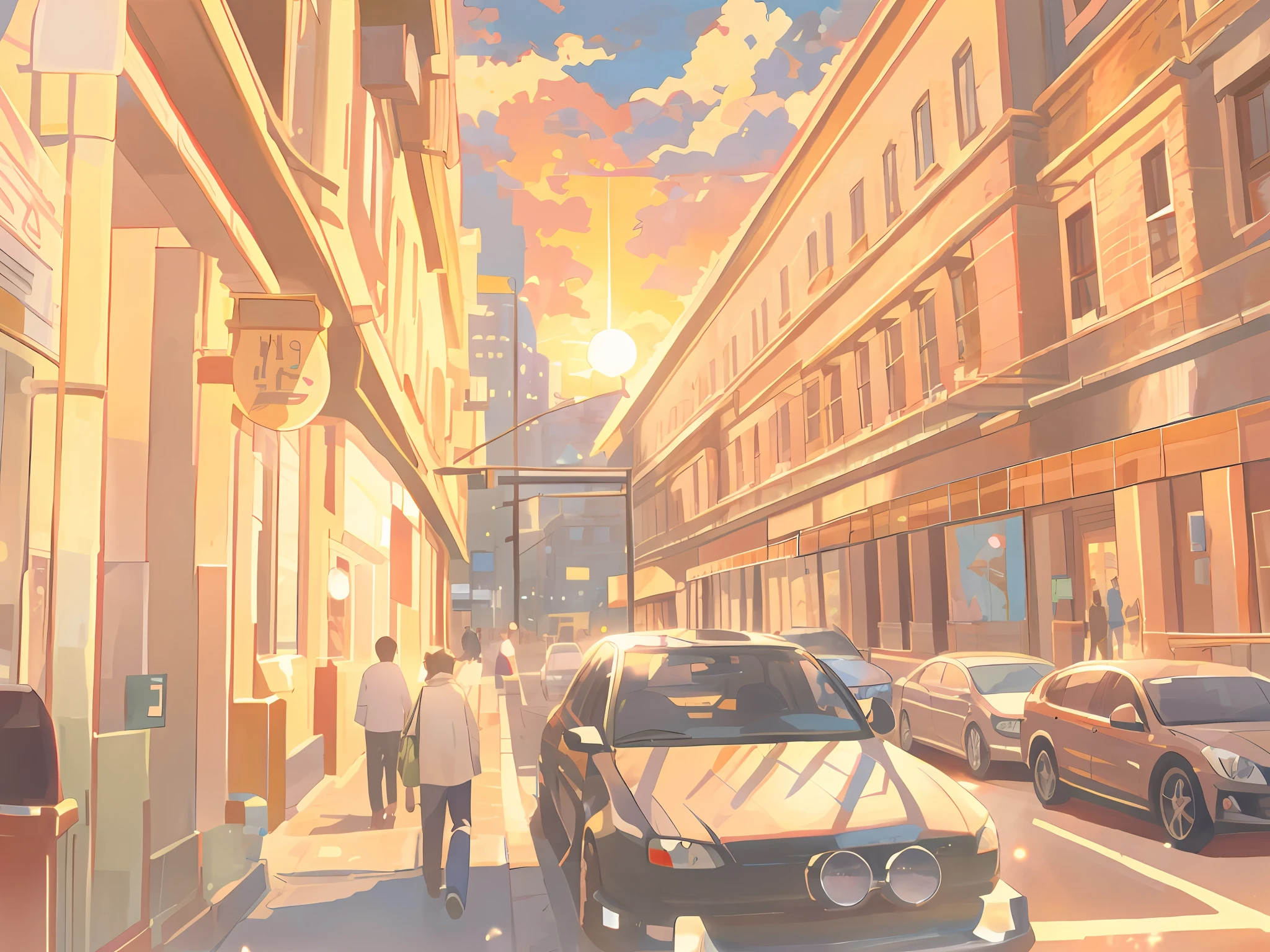 There is a painting of a city street,The car was parked to the side, outdoors european cityscape, sunsettime, wandering in the city,Makoto Shinkai's style, Anime background art, background artwork, Sunny atmosphere,Highly detailed picture,High-fidelity work,rich picture detail