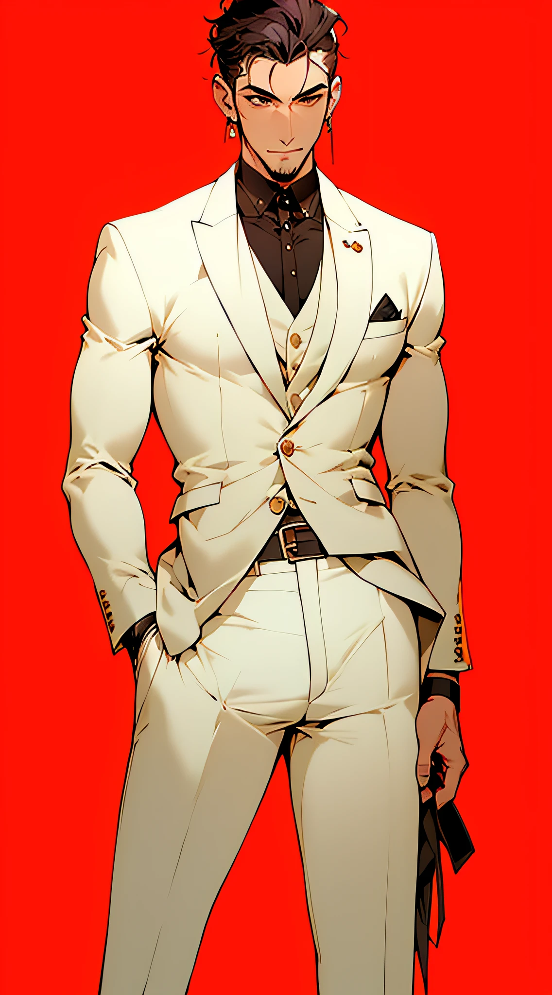 ((tmasterpiece, Need,Business negotiation aesthetics)),1 male solo, Close-up Shot Shot, (Determined eyes),(black suit jacket,White shirt,tiese,trousers),(cabelos preto e longos),(formal outfit),Mature men,(Clear facial features,detailed skin textures,Handsome face),white backgrounid, 耳Nipple Ring,Yellow skin, standing on your feet,(tmasterpiece,top Quority,best qualtiy),(((flatcolors))),Capricorn,Abs,chest muscle,
