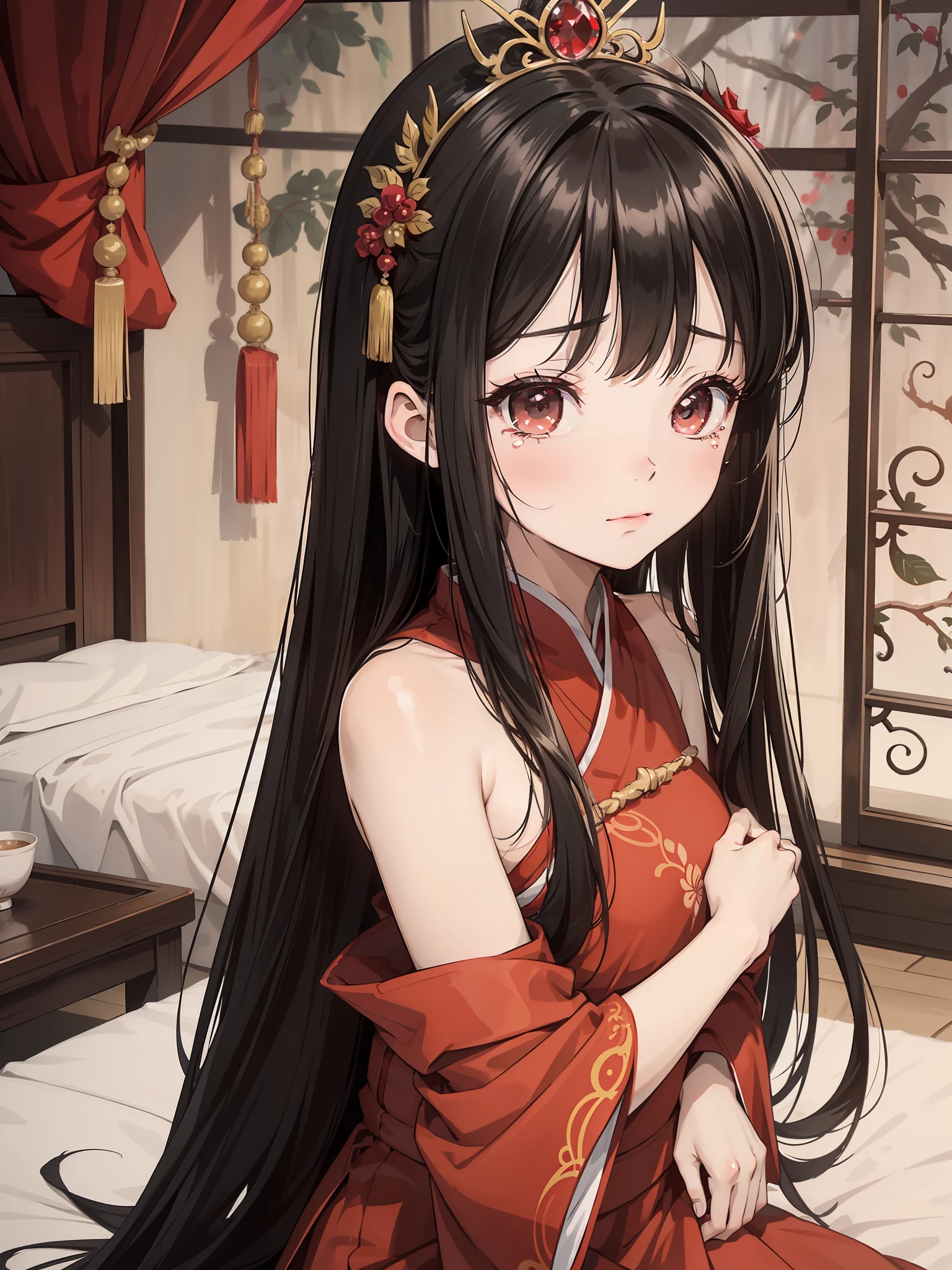 One has long black hair,(Wearing a red Hanfu wedding dress 2.0),Ancient Chinese anime little girl,(Crying expression 1.5)(Tears with your head down1.5)(Tears 1.8)(Open your mouth and cry 1.2)(The background is an ancient Chinese cave house),(Sit on the edge of the bed),(Red Holiday Wedding Room 1.5)style of anime4 K,Anime rendering,Guviz-style artwork,style of anime。8K,Guviz,Beautiful anime girls,Beautiful anime face,Cute anime girls(Big eyes filled with tears1.5)(Upper body display 1.5),(little breast),(Crystal beautiful eyes1.5)(Juvenile little girl 1.3)(Cinematic lighting 1.5)