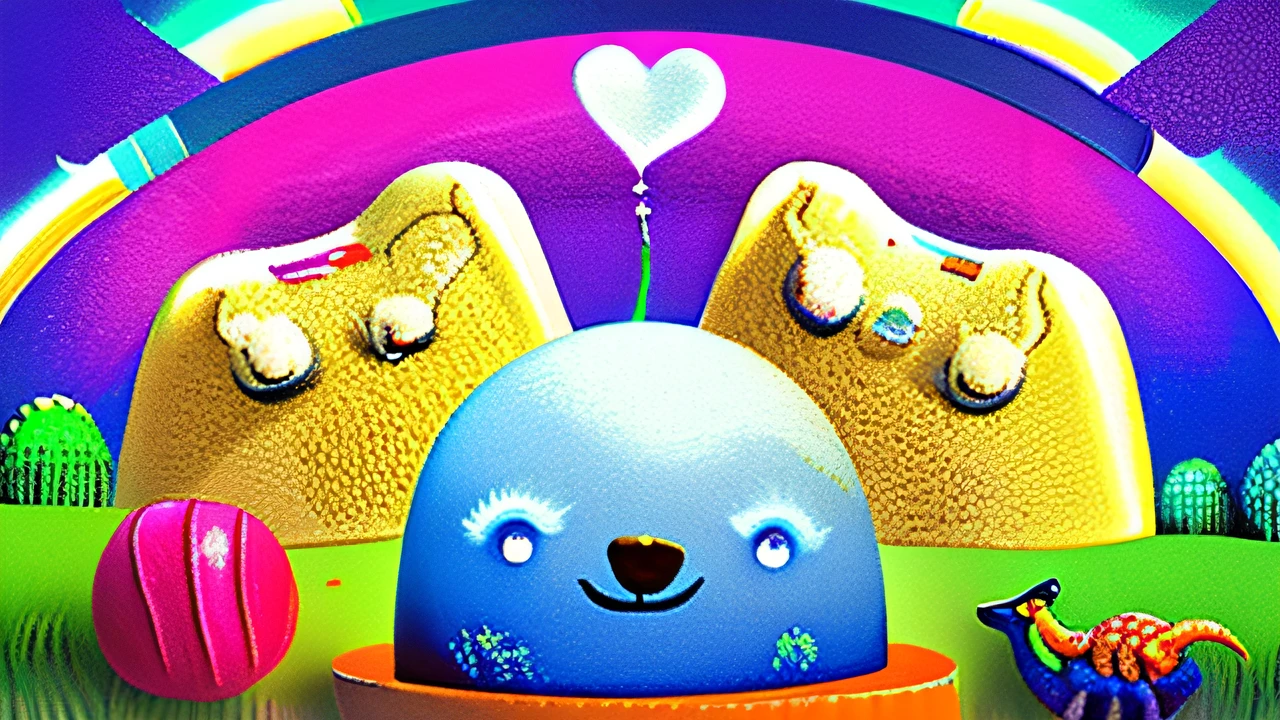 Lovely and happy dream planet with rainbows, marshmallows and cute animals