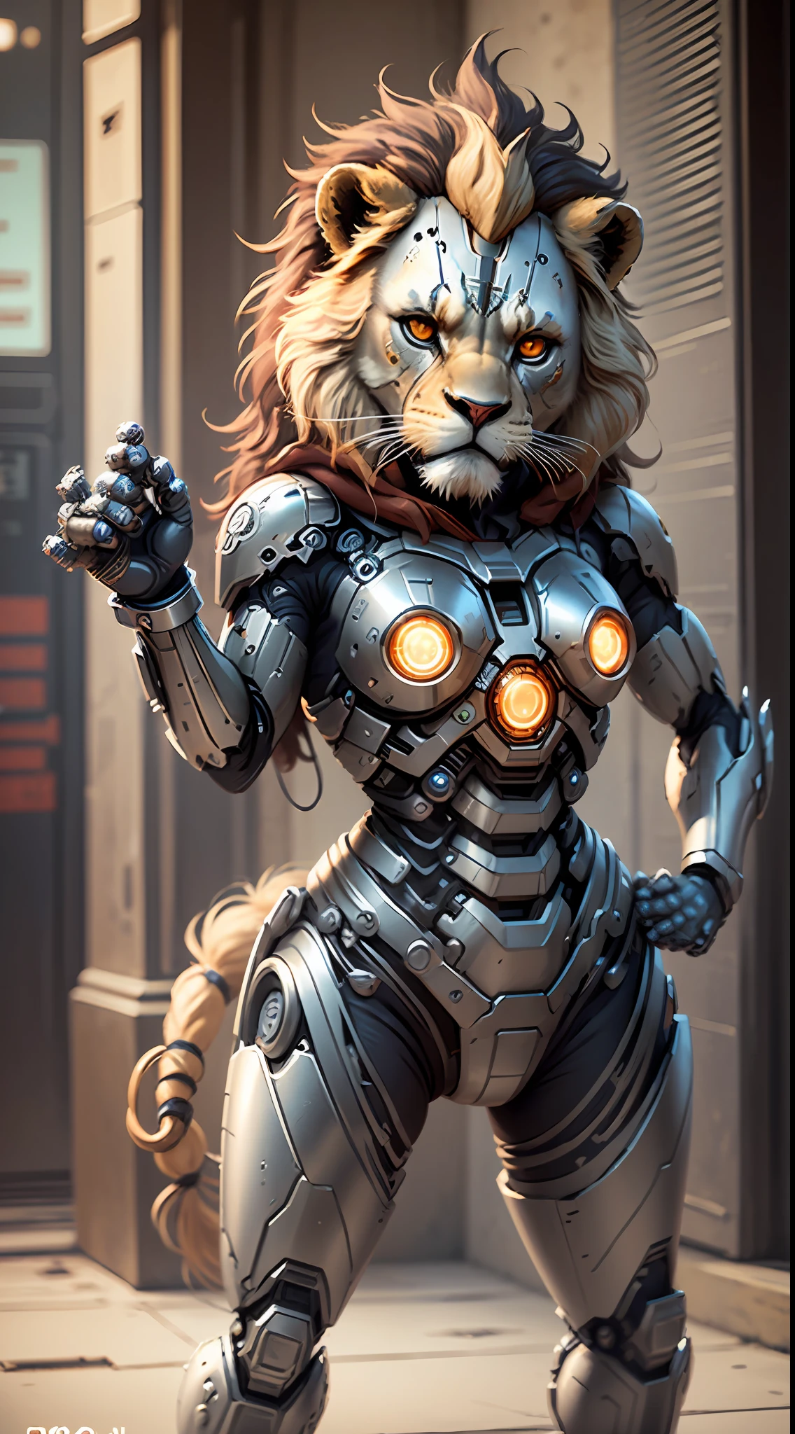 A cute lion made of metal, (cyborg: 1.1), ([tail|detailed wire]: 1.3), (intricate detail), hdr, (hyperdetailed: 1.2), cinema lens, halo shadow, centered
